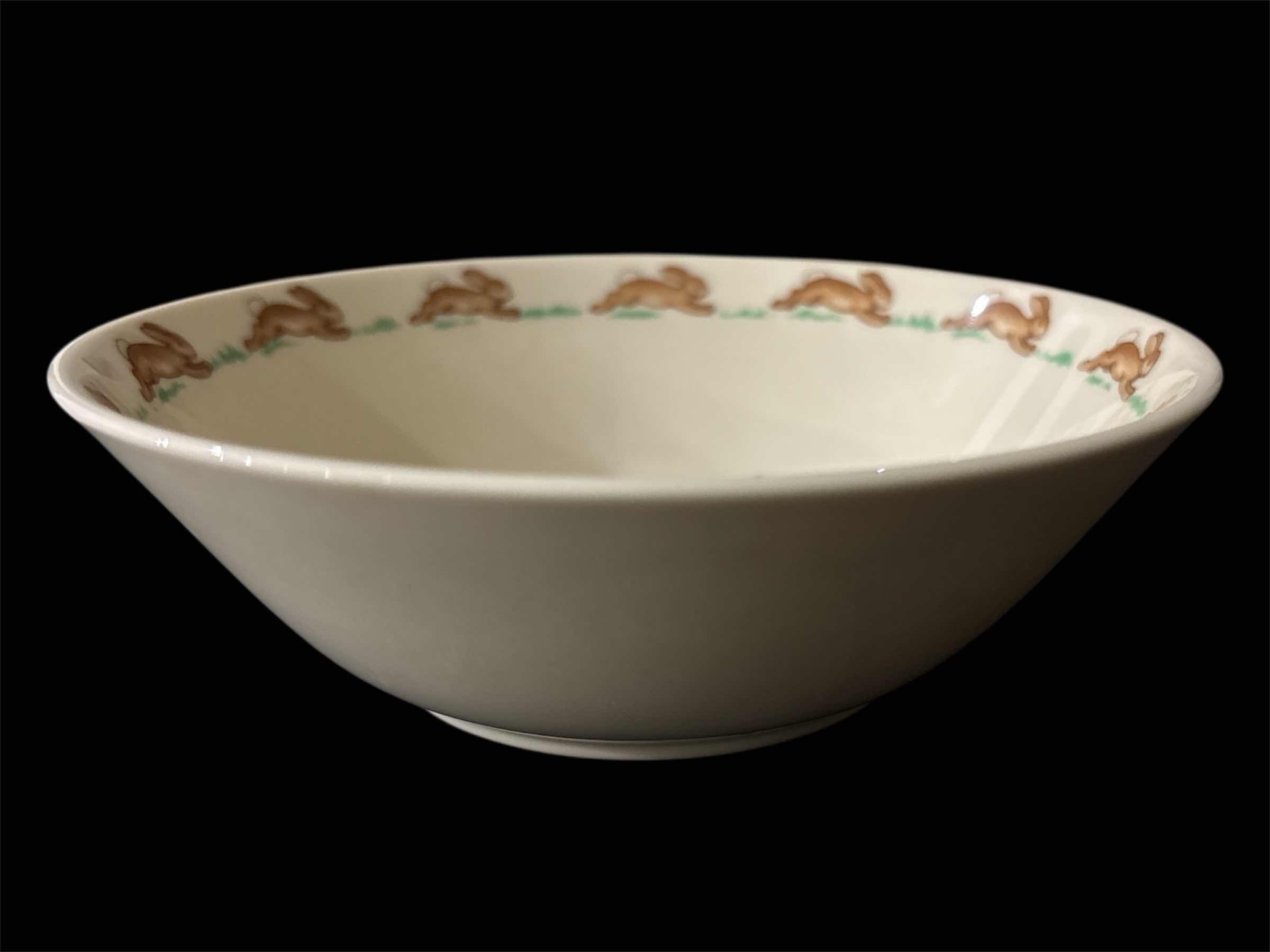 Photo 1 of BUNNYKINS (ALBION SHAPE) BY ROYAL DOULTON (ENGLAND) BONE CHINA 8” SALAD PLATE, SEESAW DESIGN & 6.5” FRUIT/DESSERT BOWL, TOPPLING CART DESIGN