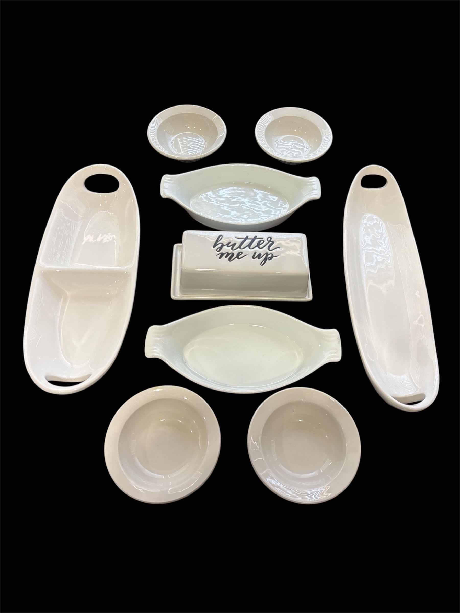 Photo 1 of VARIOUS WHITE SERVING DISHES & BUTTER DISH, 9 PCS