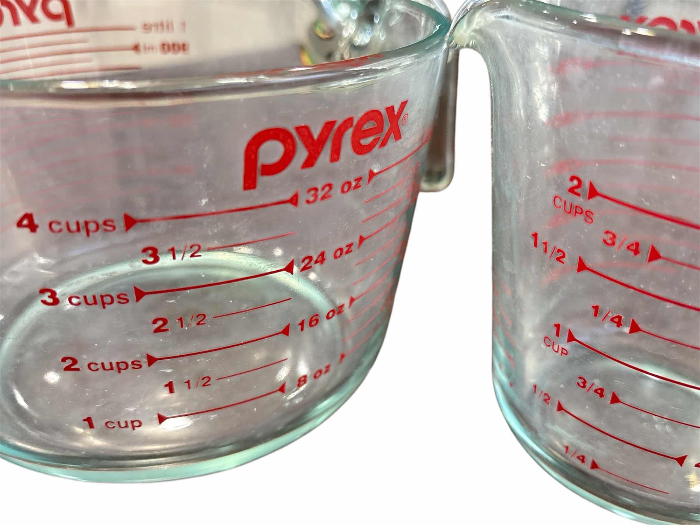 Photo 1 of PYREX GLASS MEASURING CUPS (2 CUP/4 CUP) & ANCHOR HOCKING CLEAR GLASS PREP BOWL SET OF 4 (1 CUP)