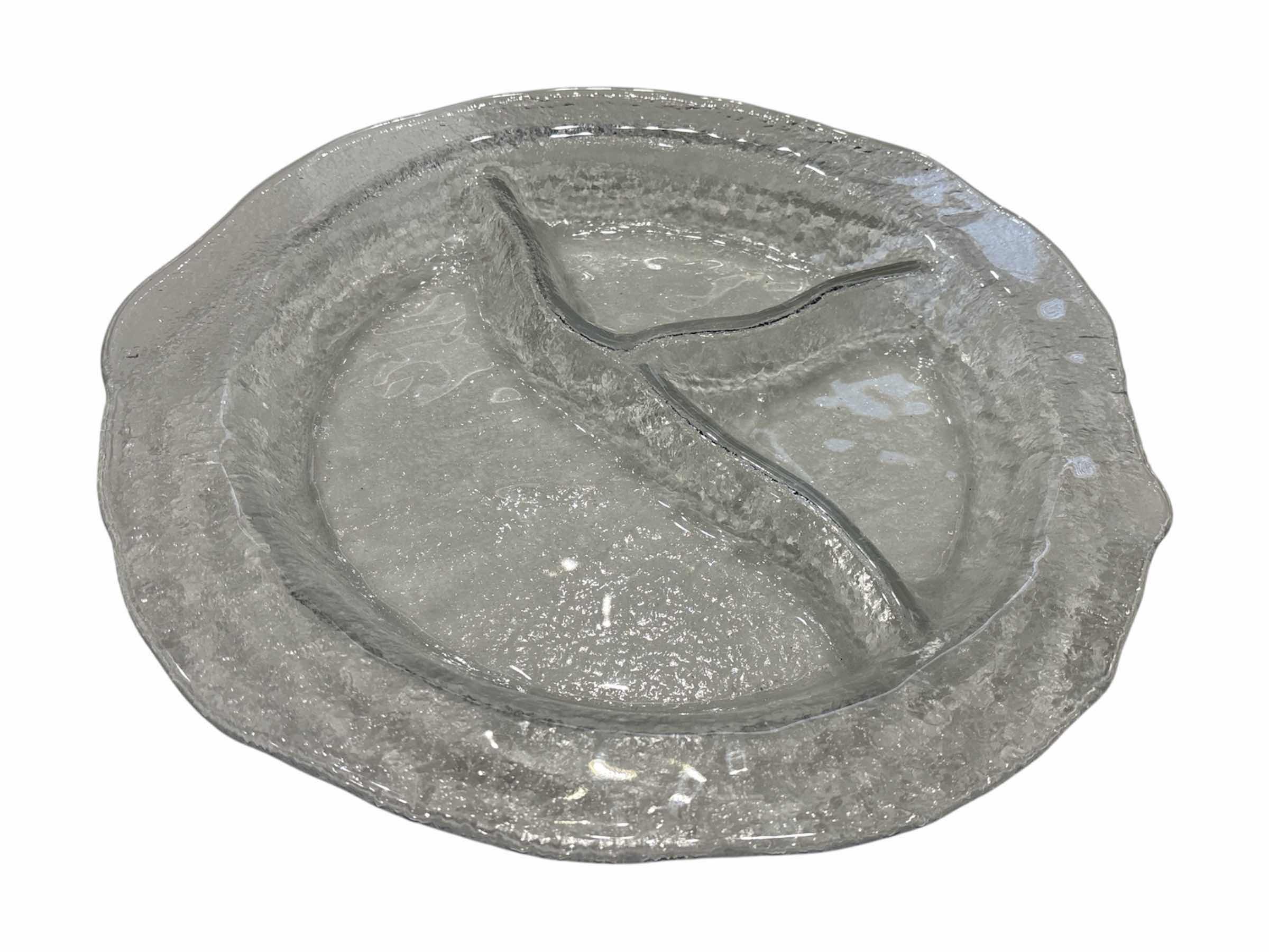 Photo 1 of VINTAGE 70’s MUURLA FINLAND LARGE GLASS DIVIDER SERVING TRAY, CLEAR ICE GLASS 14.5” X 1.6”