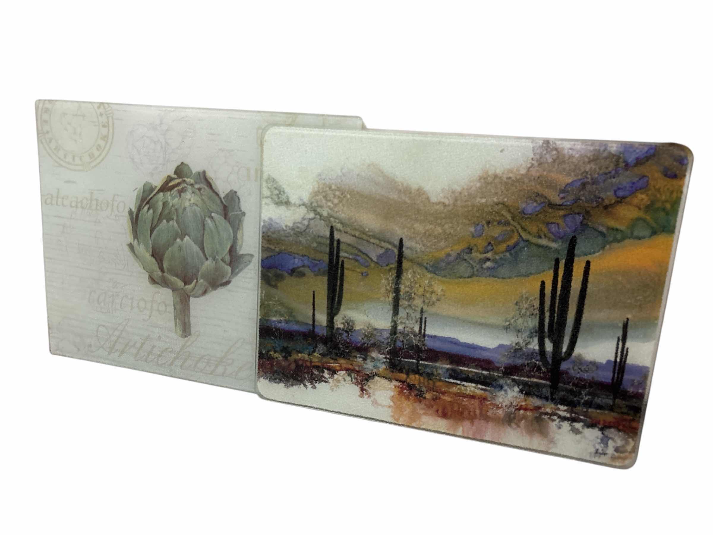 Photo 1 of TEXTURED GLASS CUTTING BOARDS, 2 PCS- DESERT 15” X 11.5” & ARTICHOKE 15” X 12”