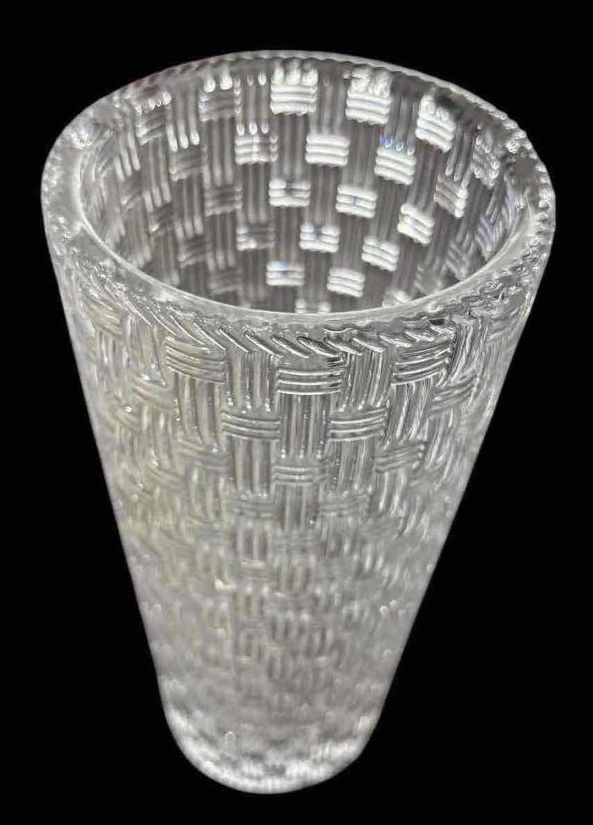 Photo 1 of TIFFANY & CO. CRYSTAL GLASS LARGE 12" WOVEN BASKETWEAVE CYLINDER VASE (4.25” OPENING)