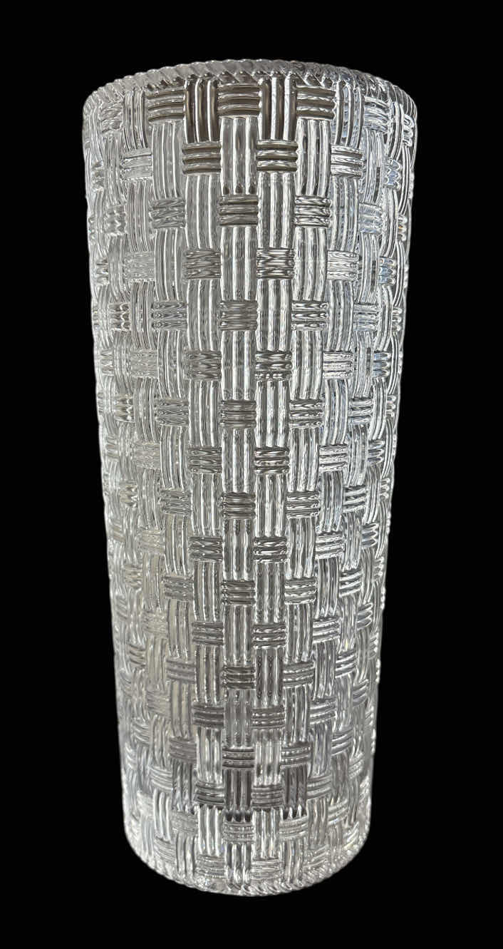 Photo 1 of TIFFANY & CO. CRYSTAL GLASS LARGE 12" WOVEN BASKETWEAVE CYLINDER VASE (4.25” OPENING)