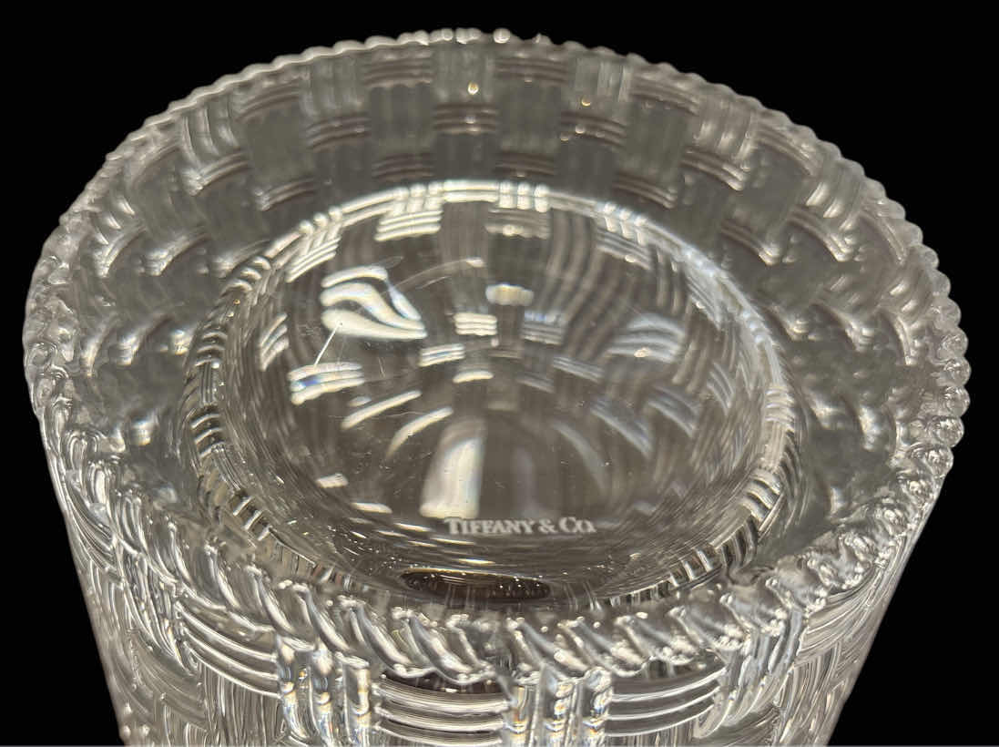 Photo 1 of TIFFANY & CO. CRYSTAL GLASS LARGE 12" WOVEN BASKETWEAVE CYLINDER VASE (4.25” OPENING)