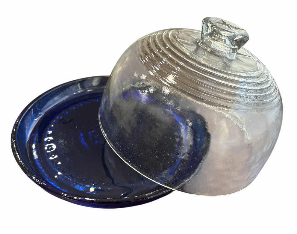 Photo 1 of VINTAGE CLEAR DOME CLOCHE W COBALT BLUE GLASS 9” PLATE