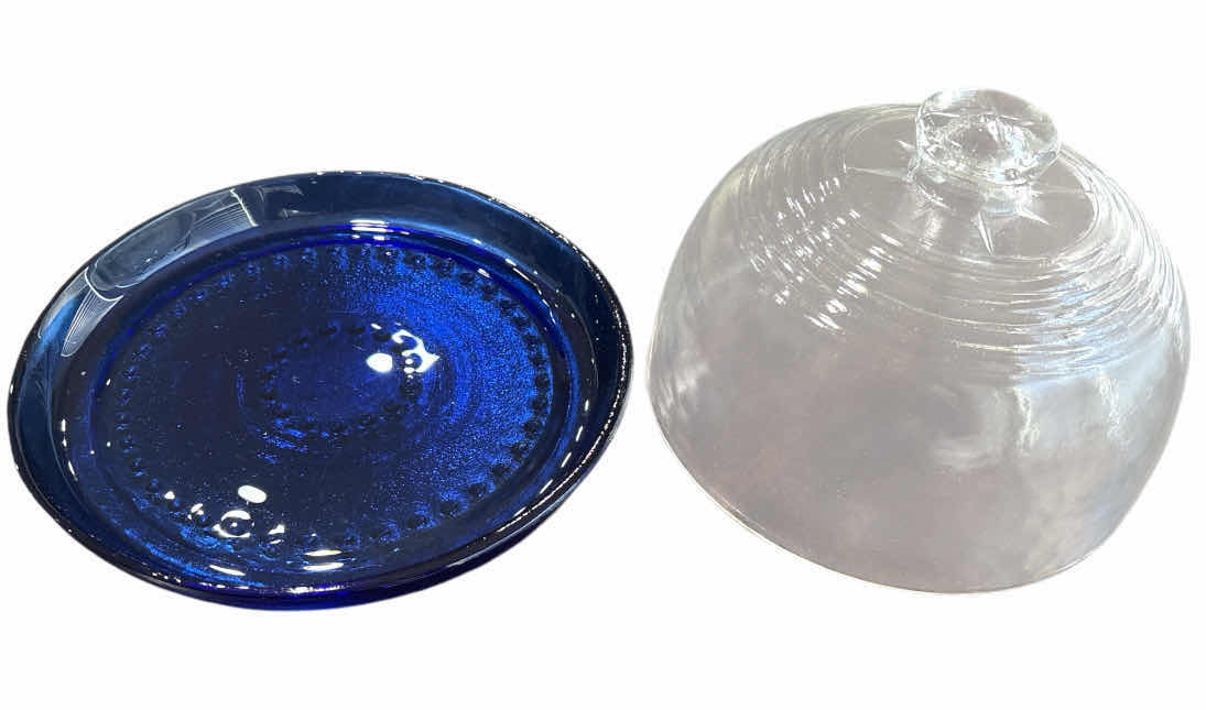 Photo 1 of VINTAGE CLEAR DOME CLOCHE W COBALT BLUE GLASS 9” PLATE