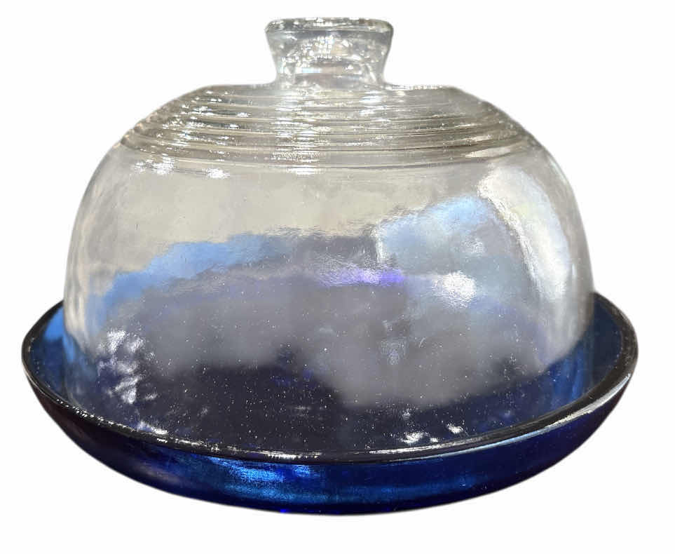 Photo 1 of VINTAGE CLEAR DOME CLOCHE W COBALT BLUE GLASS 9” PLATE