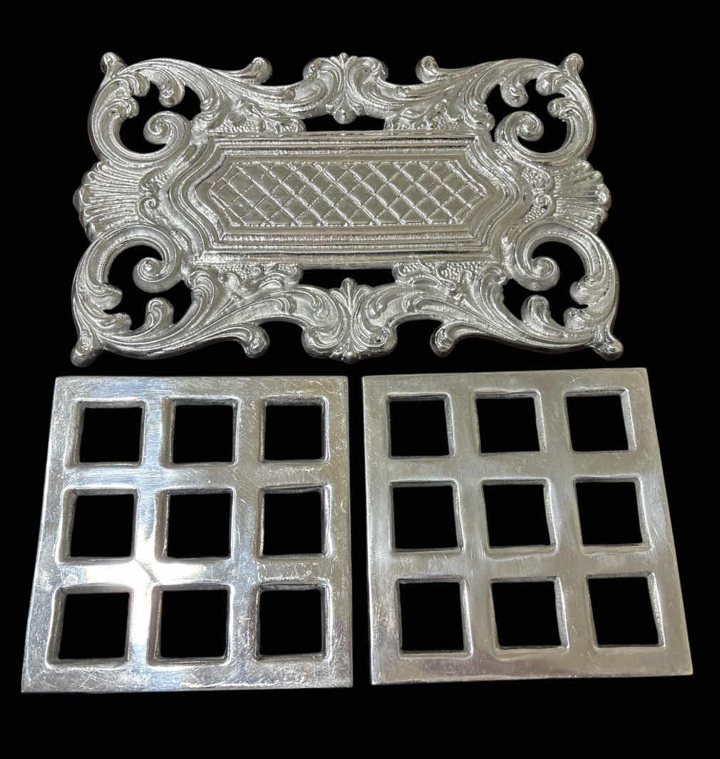 Photo 1 of HOLLAND BOONE POLISHED RECTANGULAR PEWTER TRIVET/HOT PLATE 13.5” X 9” & 2 PCS SQUARE PEWTER TRIVET/HOT PLATES 6.75” X 6.75”