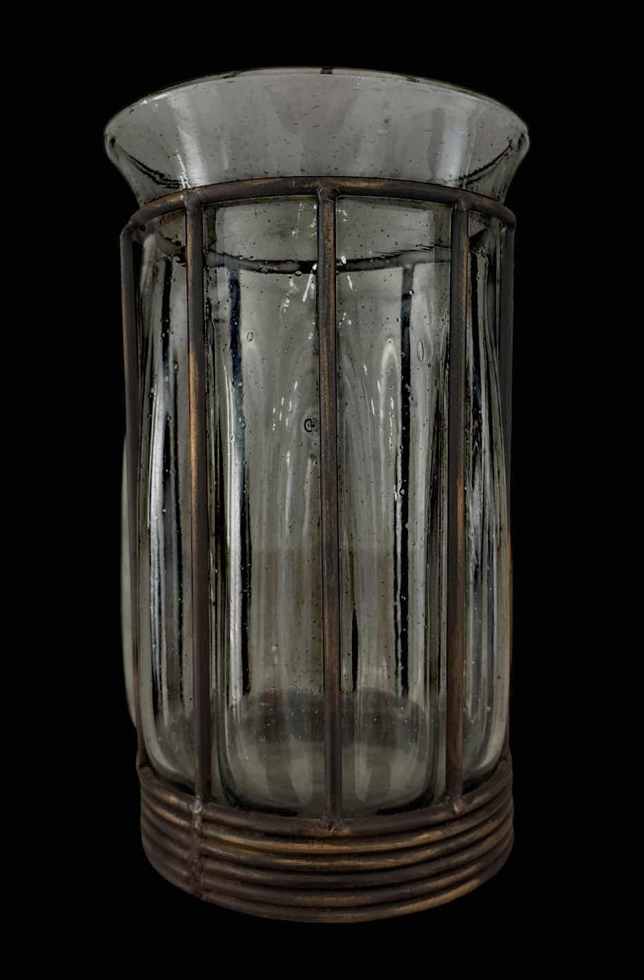 Photo 1 of CRATE & BARREL BURNISHED BRONZE HAND BLOWN CAGED GLASS VASE/CANDLE HOLDER 7.25” X H12.25”
