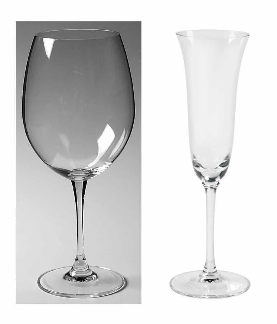 Photo 1 of 14 PC CLEAR GLASSES, SET OF 6 CLASSIC CHAMPAGNE FLUTES (8.75”) & SET OF 8 RED STEMMED WINE GLASSES (8.75”)