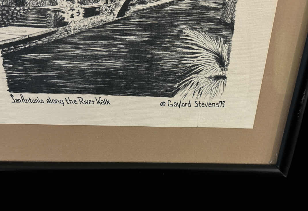 Photo 1 of GAYLORD STEVEN SIGNED INK DRAWING FRAMED ART, SAN ANTONIO ALONG THE RIVER WALK 11.5” X 14.75”