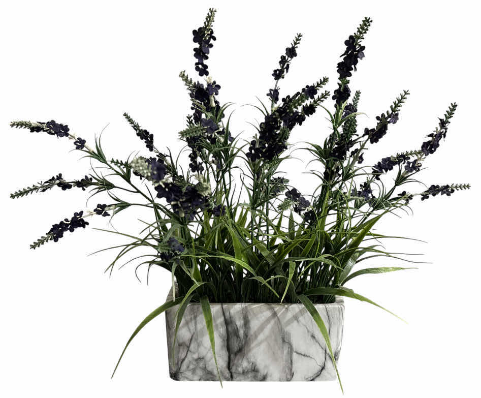 Photo 1 of FAUX LAVENDER PLANT ARRANGEMENT & MARBLE STYLE PLANTER 22” X 17” H16”