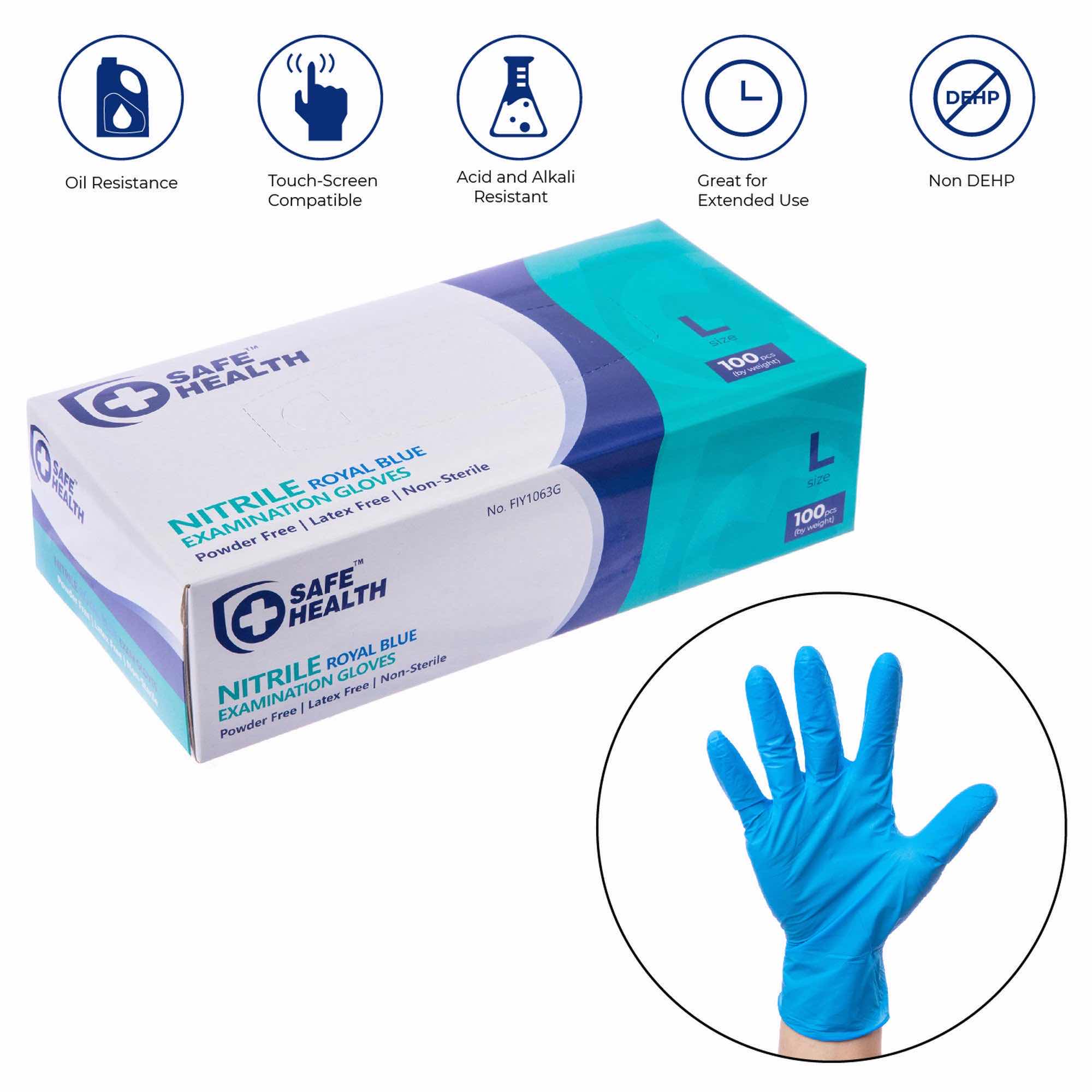 Photo 1 of SAFE HEALTH LARGE NITRILE ROYAL BLUE EXAMINATION GLOVES POWDER FREE NON-STERILE (10 BOXES/100PCS PER BOX)