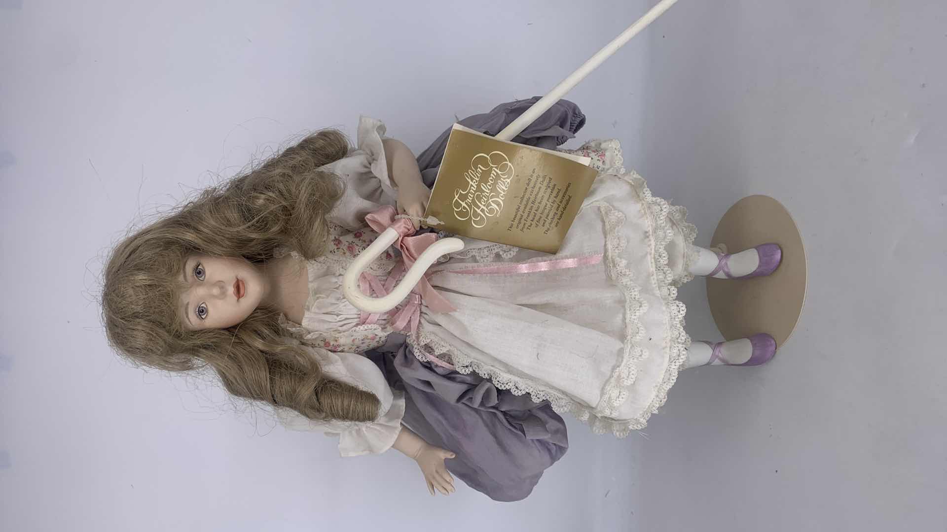 Photo 1 of FRANKLIN HEIRLOOM COLLECTOR PORCELAIN DOLL, HAND MADE CLOTHING H16.5”