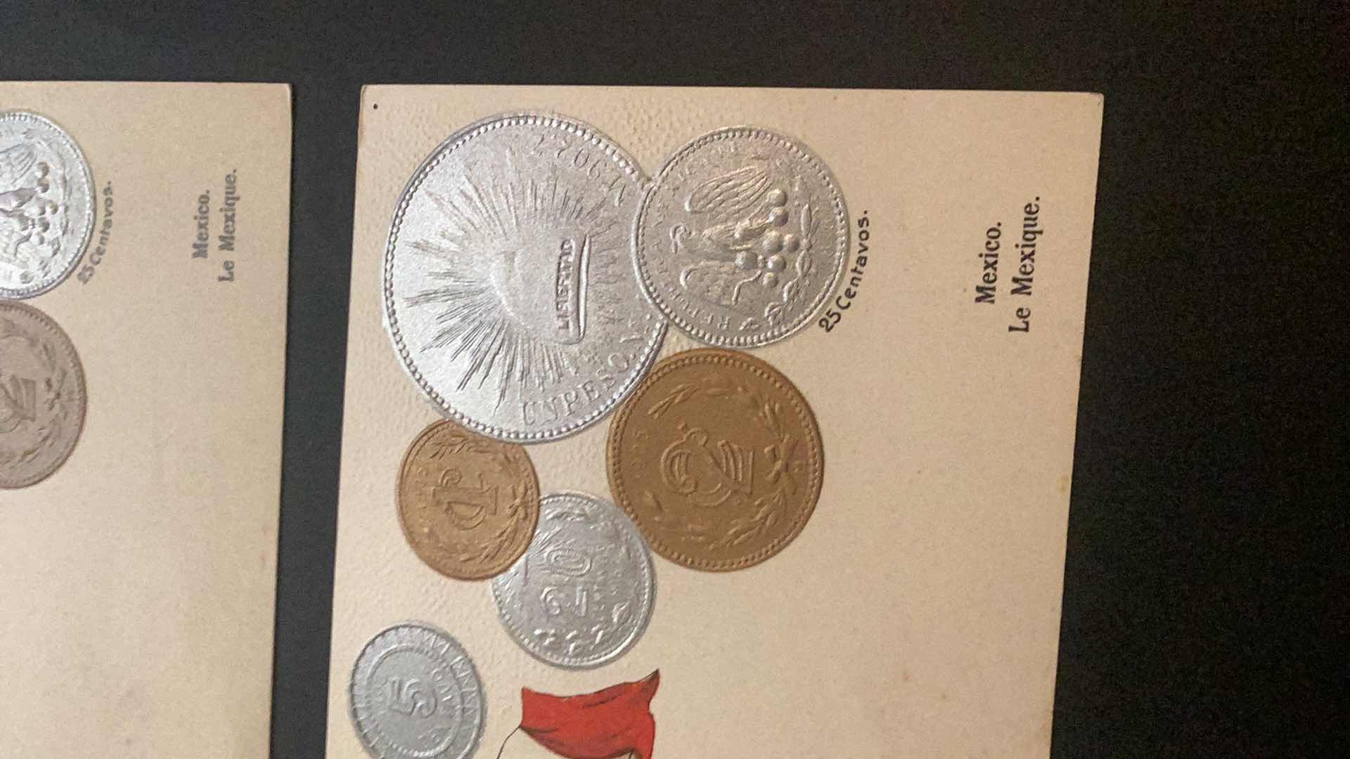 Photo 2 of MEXICO SET OF TWO VINTAGE COINS OF MEXICO POSTCARDS