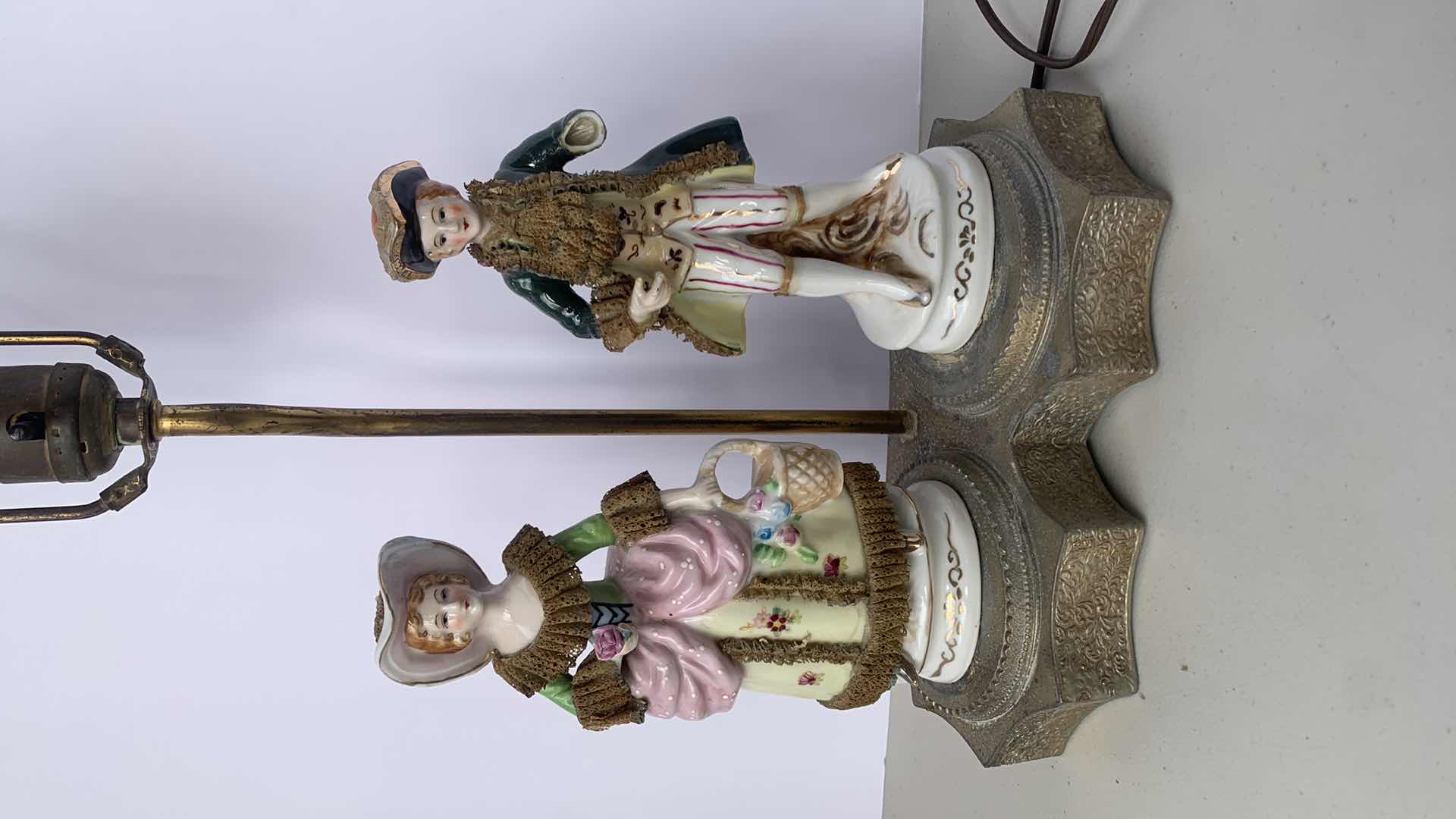 Photo 2 of ANTIQUE HANDPAINTED PORCELAIN FIGURINE ON ETCHED METAL BASE LAMP FIXTURE, H 22”