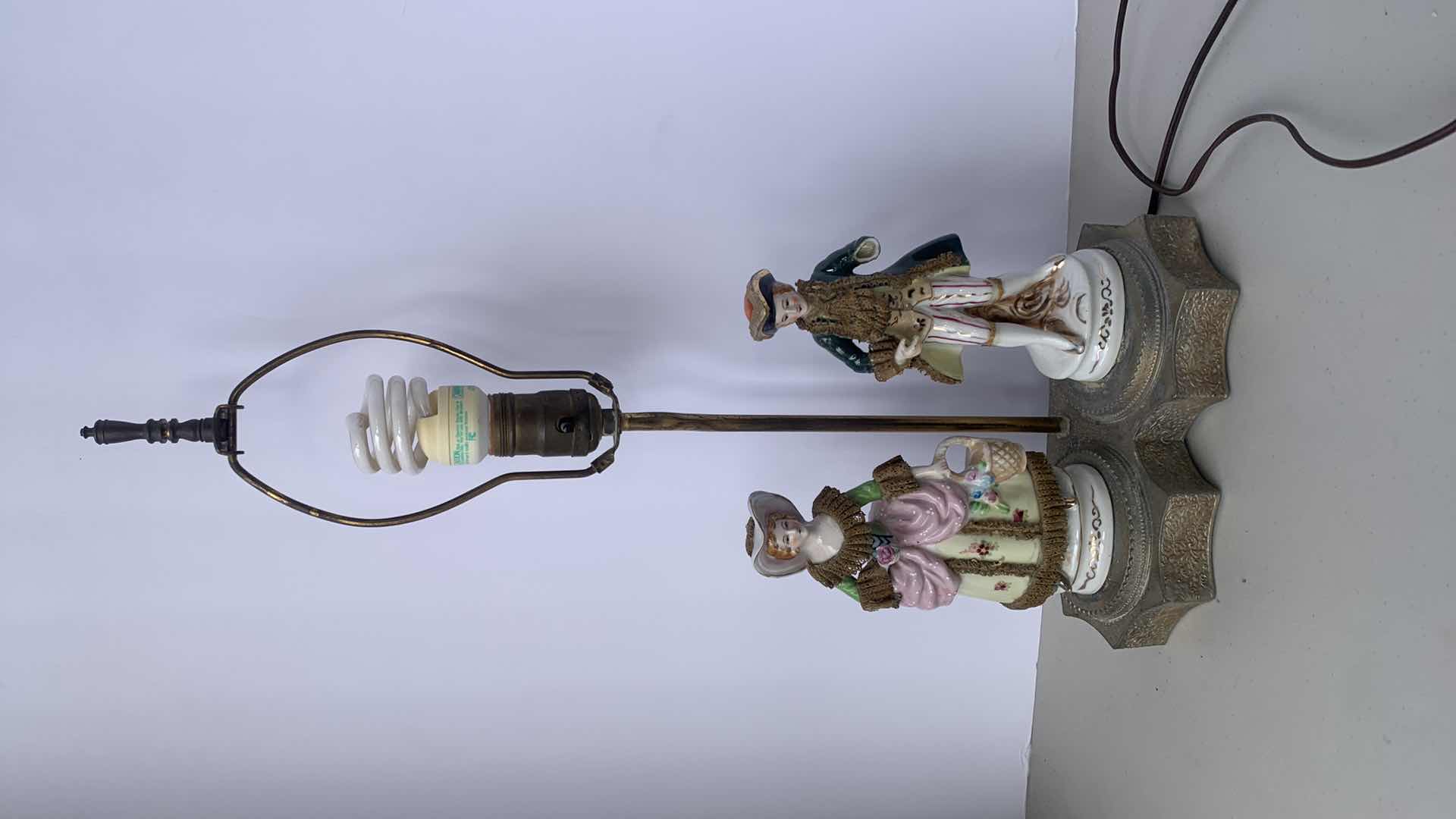 Photo 1 of ANTIQUE HANDPAINTED PORCELAIN FIGURINE ON ETCHED METAL BASE LAMP FIXTURE, H 22”