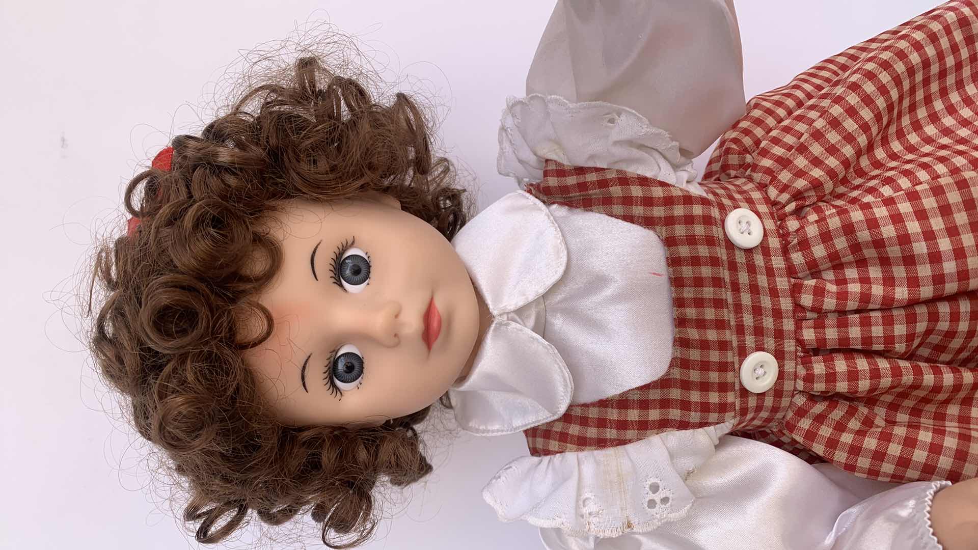 Photo 2 of VINTAGE LIGHT UP GIRL DOLL IN RED CHECK DRESS, LIGHT UP H 21 “