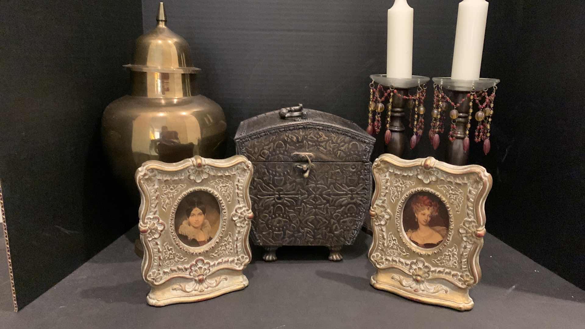 Photo 1 of HOME DECOR COLLECTIBLES, BRASS TEMPLE JAR, CANDLE STICKS, BOX AND BOOKENDS