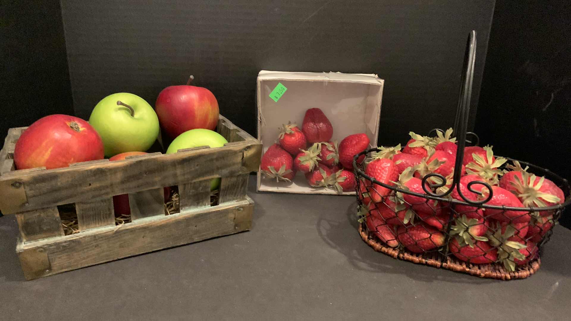 Photo 1 of HOME DECOR, FAUX FRUIT COLLECTIBLES, WOOD CRATE AND METAL BASKET
