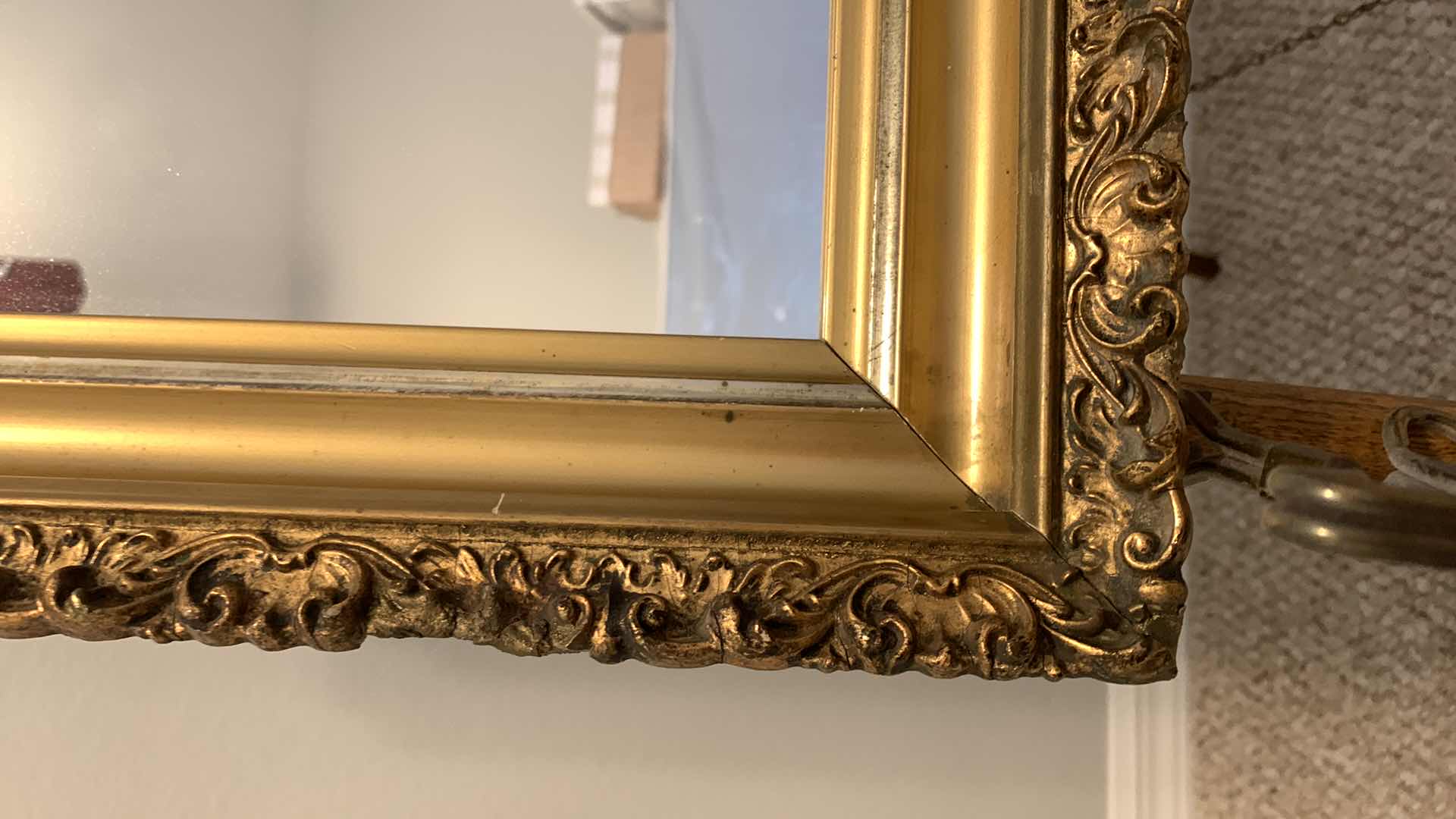 Photo 2 of VINTAGE MIRROR IN ORNATE GOLD FRAME 20.5” x 27.5” (stand not included)