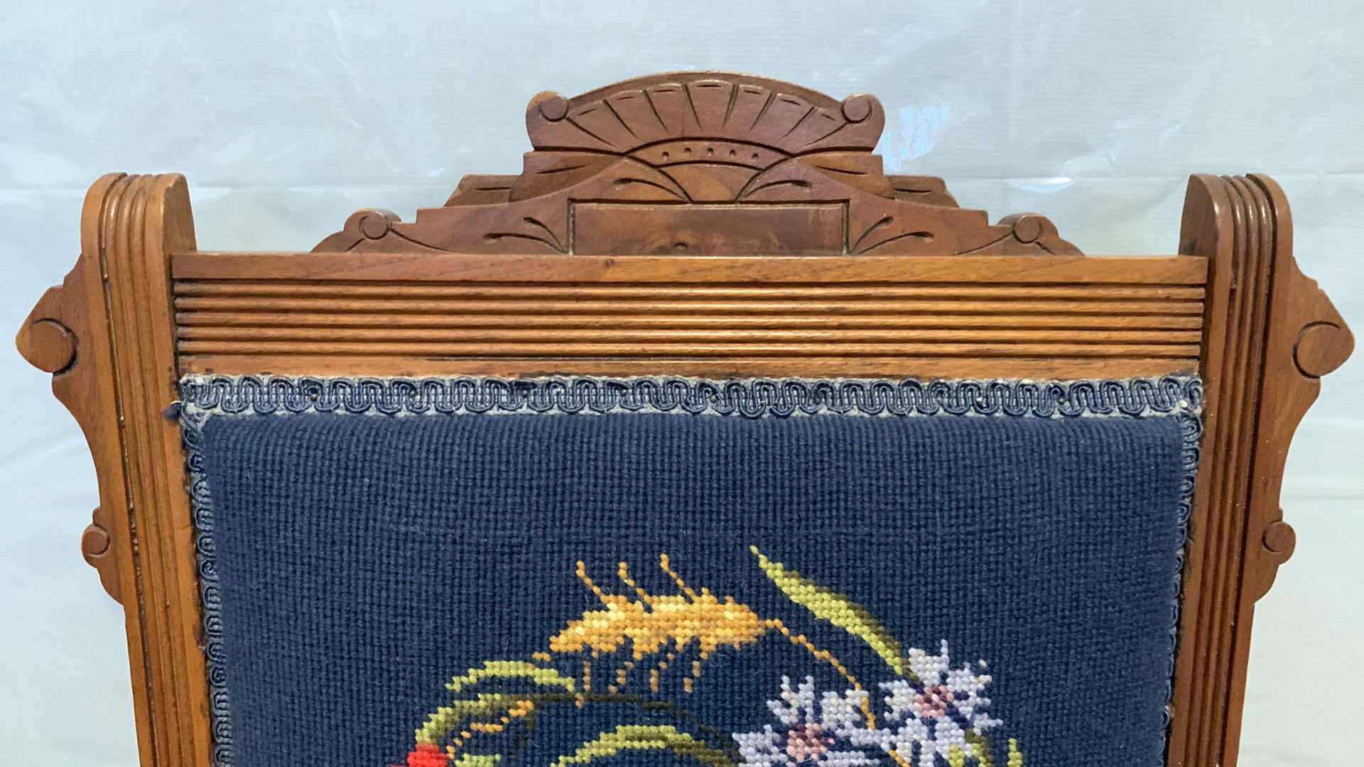 Photo 3 of 19th Century Antique WOOD Needlepoint Chair Victorian with FLOWERS