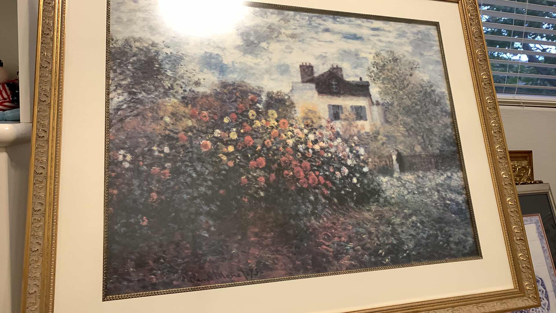Photo 2 of ARTWORK, 38” x H30” ; THE ARTIST'S GARDEN by CLAUDE MONET - DOUBLE MATTE GLASS & FRAME (stand not included)