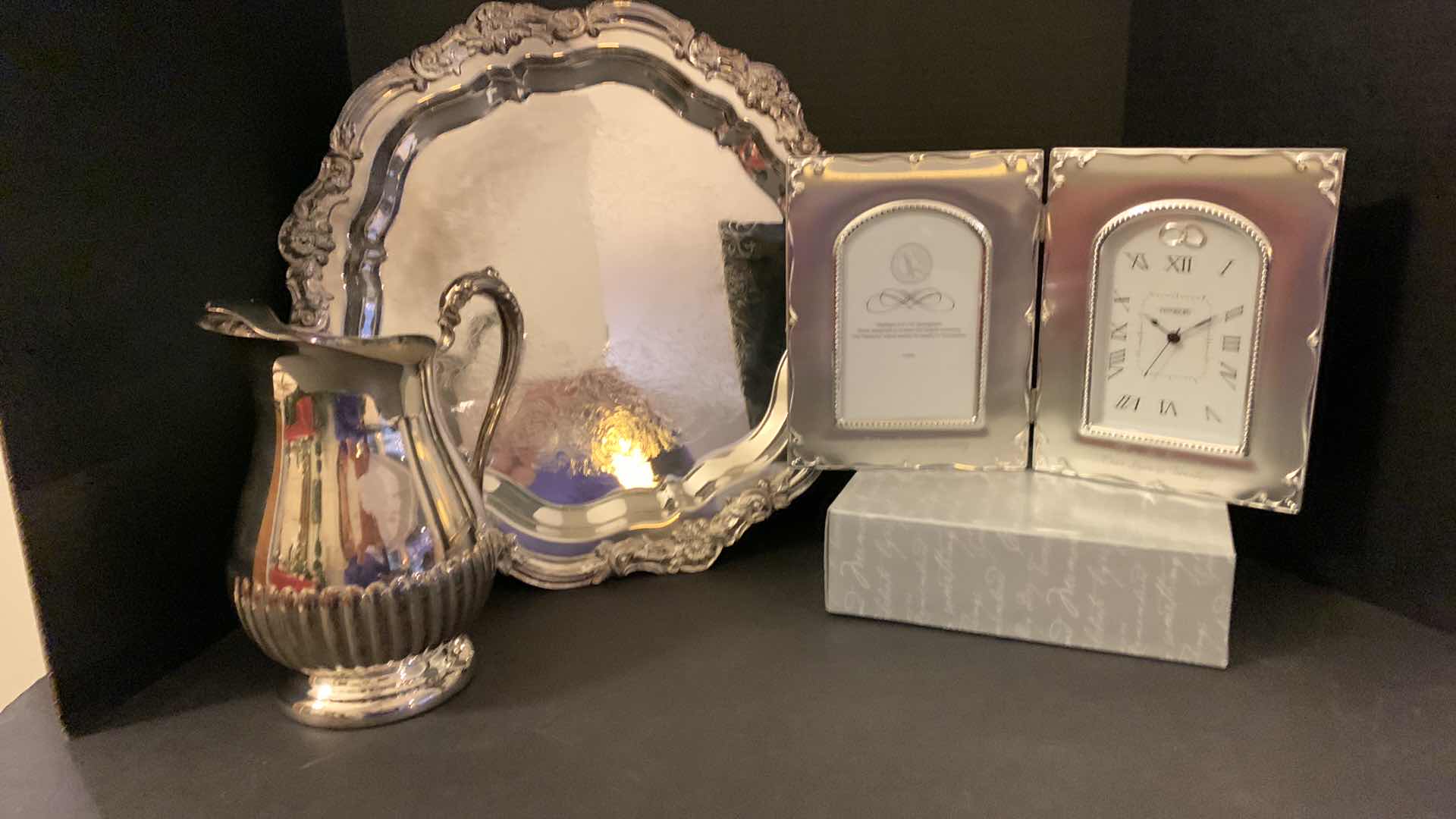 Photo 1 of SILVER PLATED COLLECTIBLES, 3 PIECES, PLATTER, PITCHER, CLOCK W FRAME