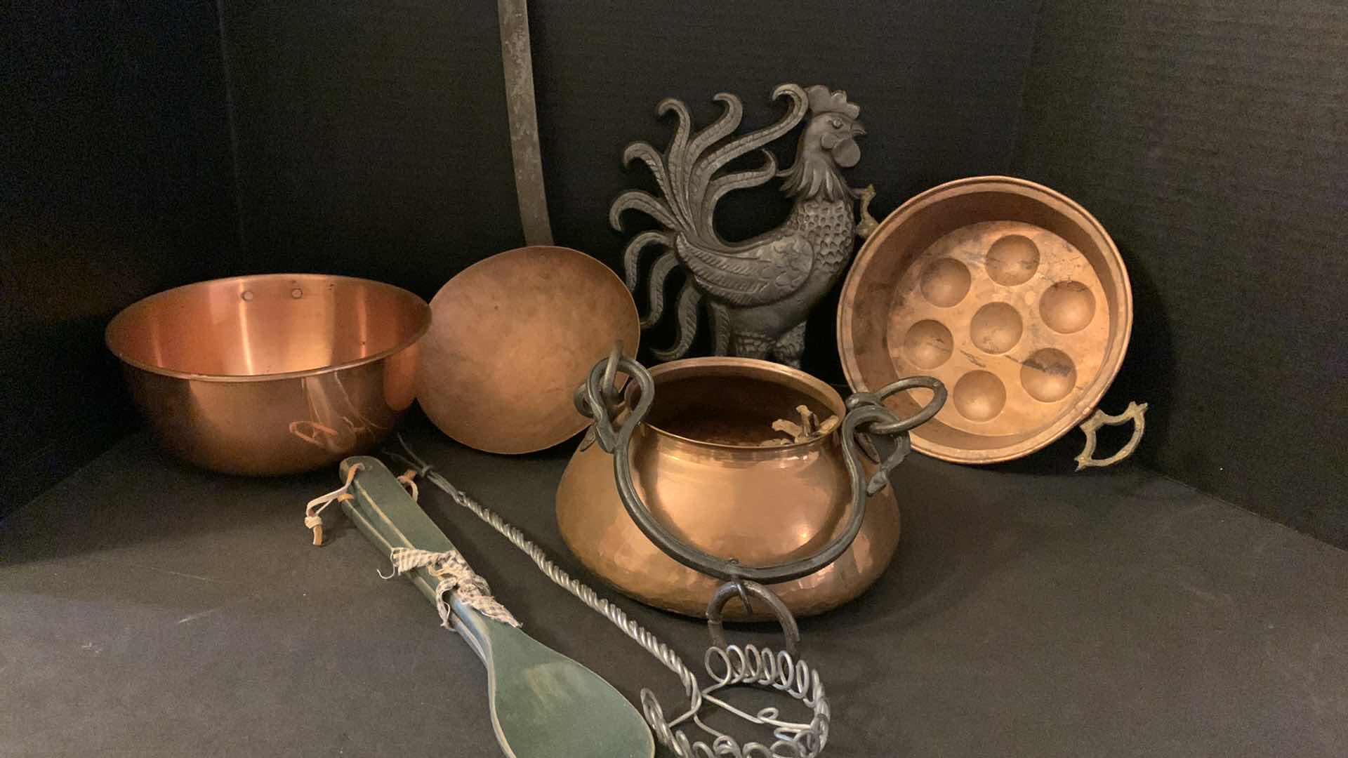 Photo 1 of KITCHEN COLLECTIBLES, COPPER POTS, METAL ROOSTER AND MORE