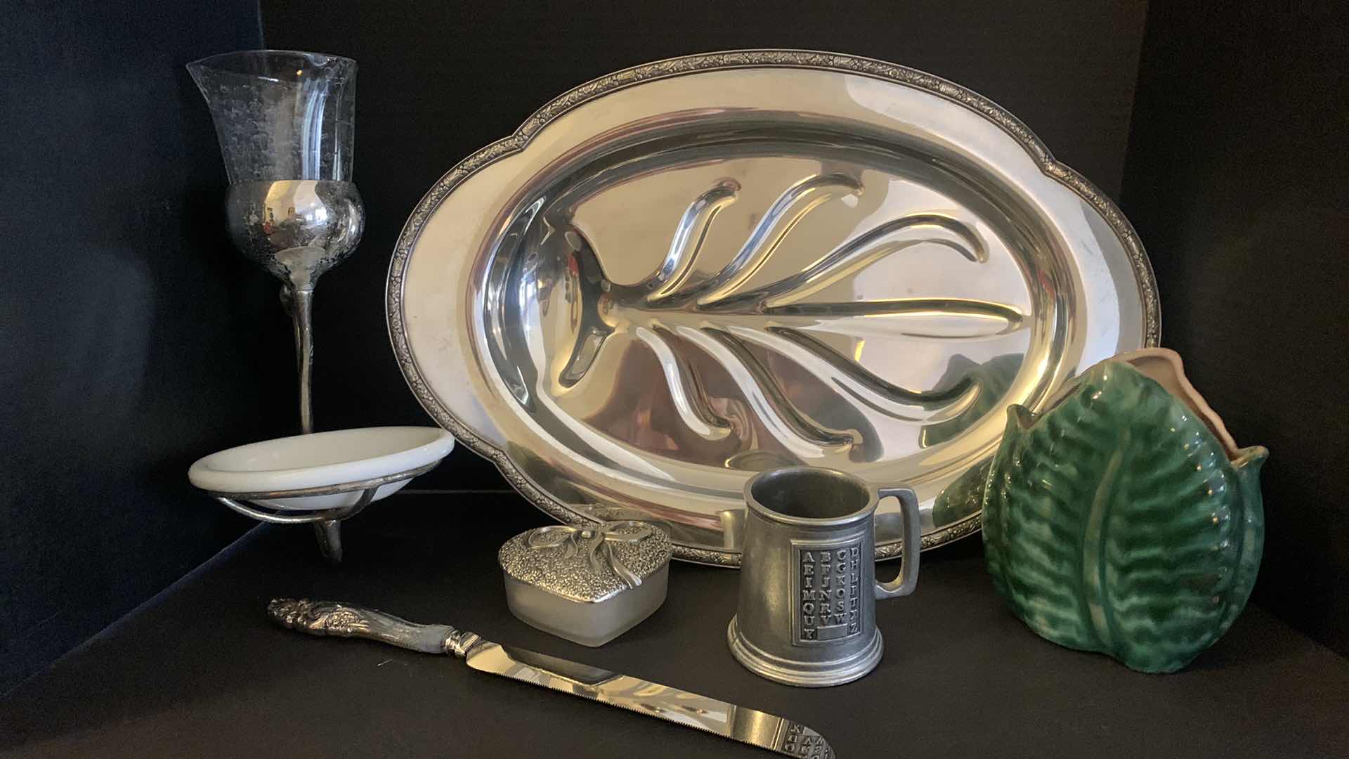 Photo 9 of HOME DECOR COLLECTIBLES, SILVER PLATED TRAY, TERRA ROSE POTTERY VASE, PEWTER MUG AND MORE