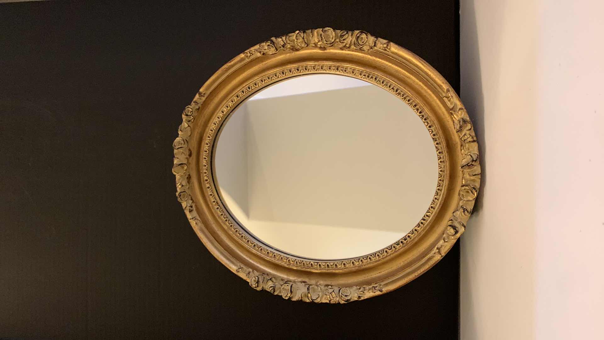 Photo 2 of ORNATE GOLD OVAL MIRROR, 15” x H17”