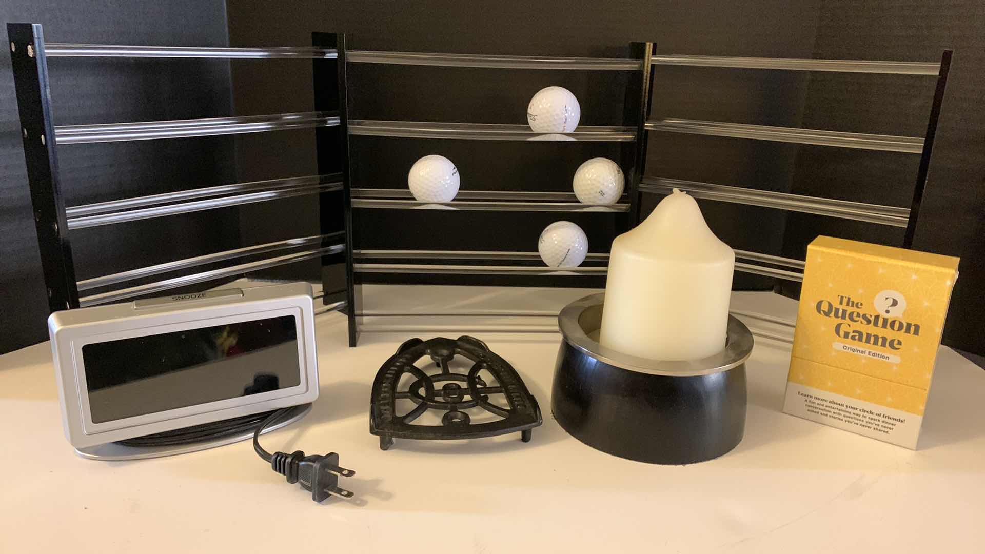 Photo 1 of MISC HOME ASSORTMENT, GOLF BALL HOLDERS (BALLS NOT INCLUDED) ALARM CLOCK AND MORE