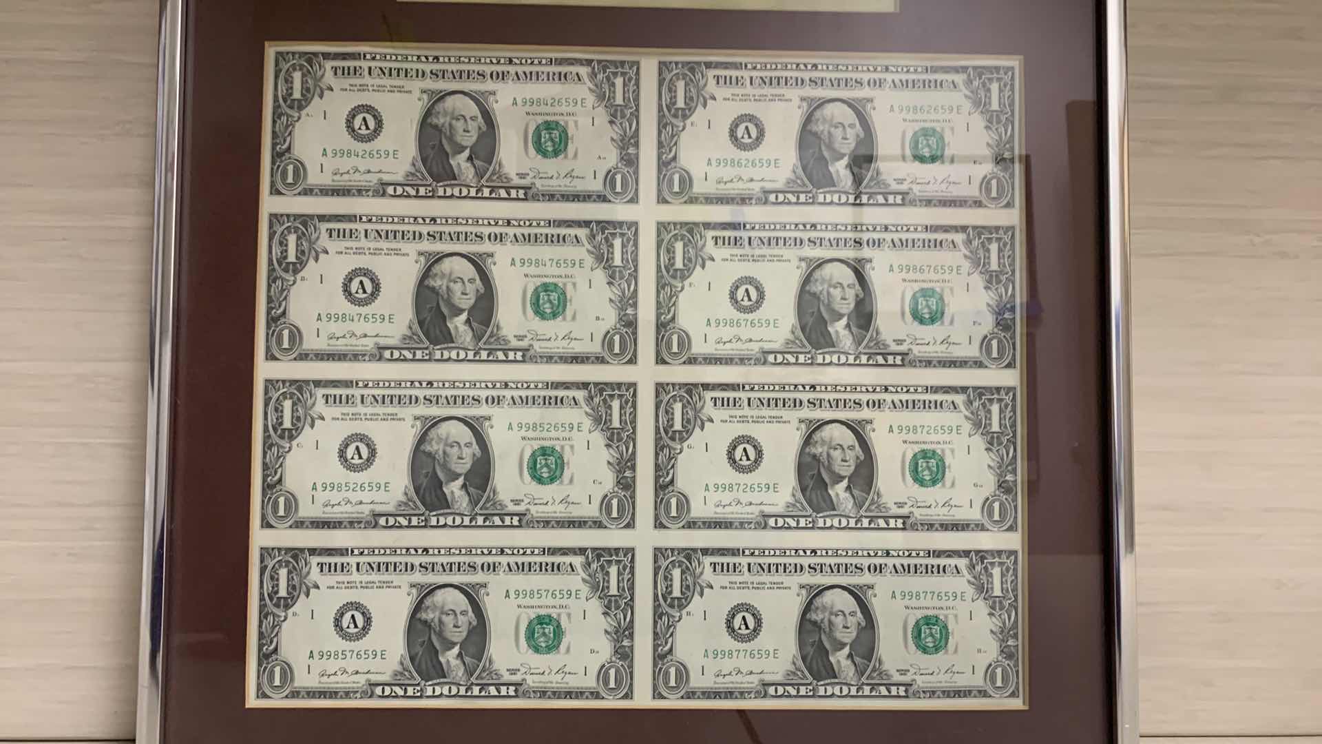 Photo 4 of FRAMED UNITED STATES UNCUT CURRENCY 8- $1 BILLS
