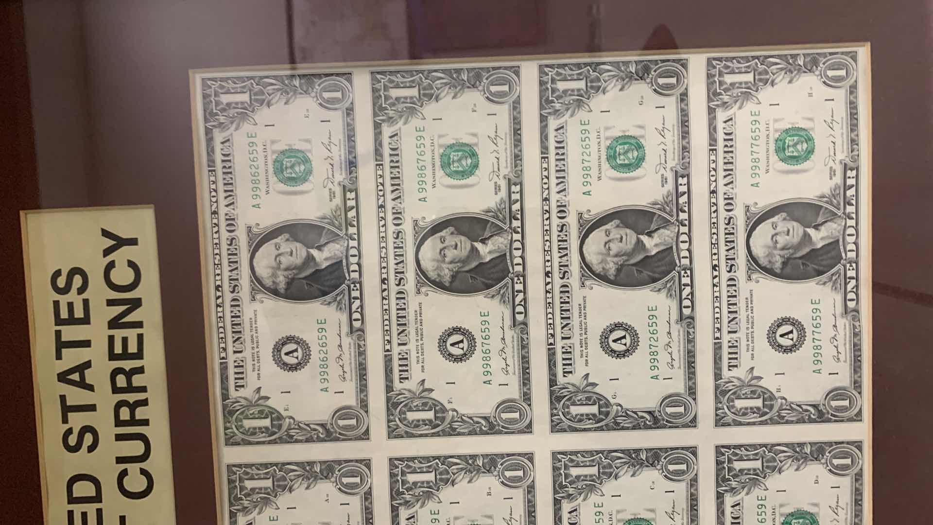Photo 3 of FRAMED UNITED STATES UNCUT CURRENCY 8- $1 BILLS