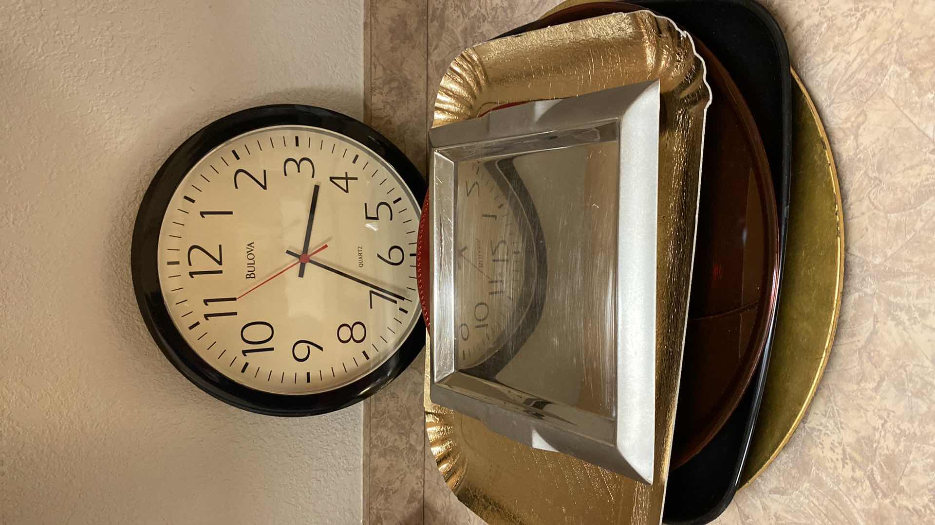 Photo 1 of 6 ASSORTED TRAYS AND A BULOVA PLASTIC WALL CLOCK