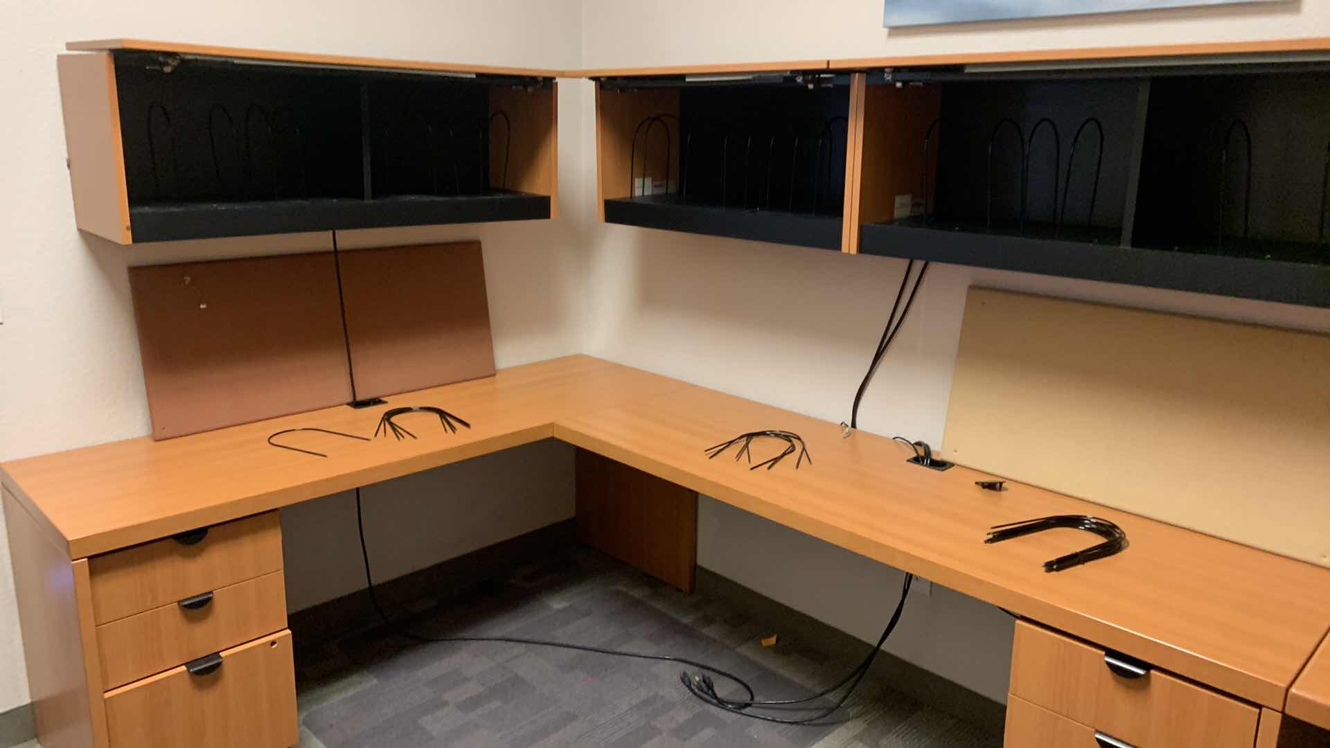Photo 7 of MAGNA DESIGN LAS VEGAS WOOD WORK STATION/ OFFICE CORNER DESK UNIT TWO LOWER DESKS  72” x 24 WITH FILE CABINETS, TWO SOUND BOARDS AND THREE UPPER CABINETS WITH LIGHTS AND METAL DIVIDERS