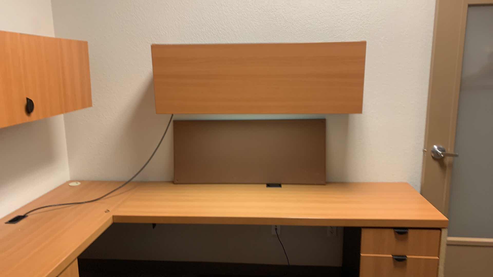 Photo 4 of MAGNA DESIGN LAS VEGAS WOOD WORK STATION/ OFFICE CORNER DESK UNIT 
ONE LOWER DESK  72” x 24” WITH RETURN 52” x 24”, ONE SOUND BOARD AND TWO UPPER CABINETS WITH LIGHTS AND METAL DIVIDERS