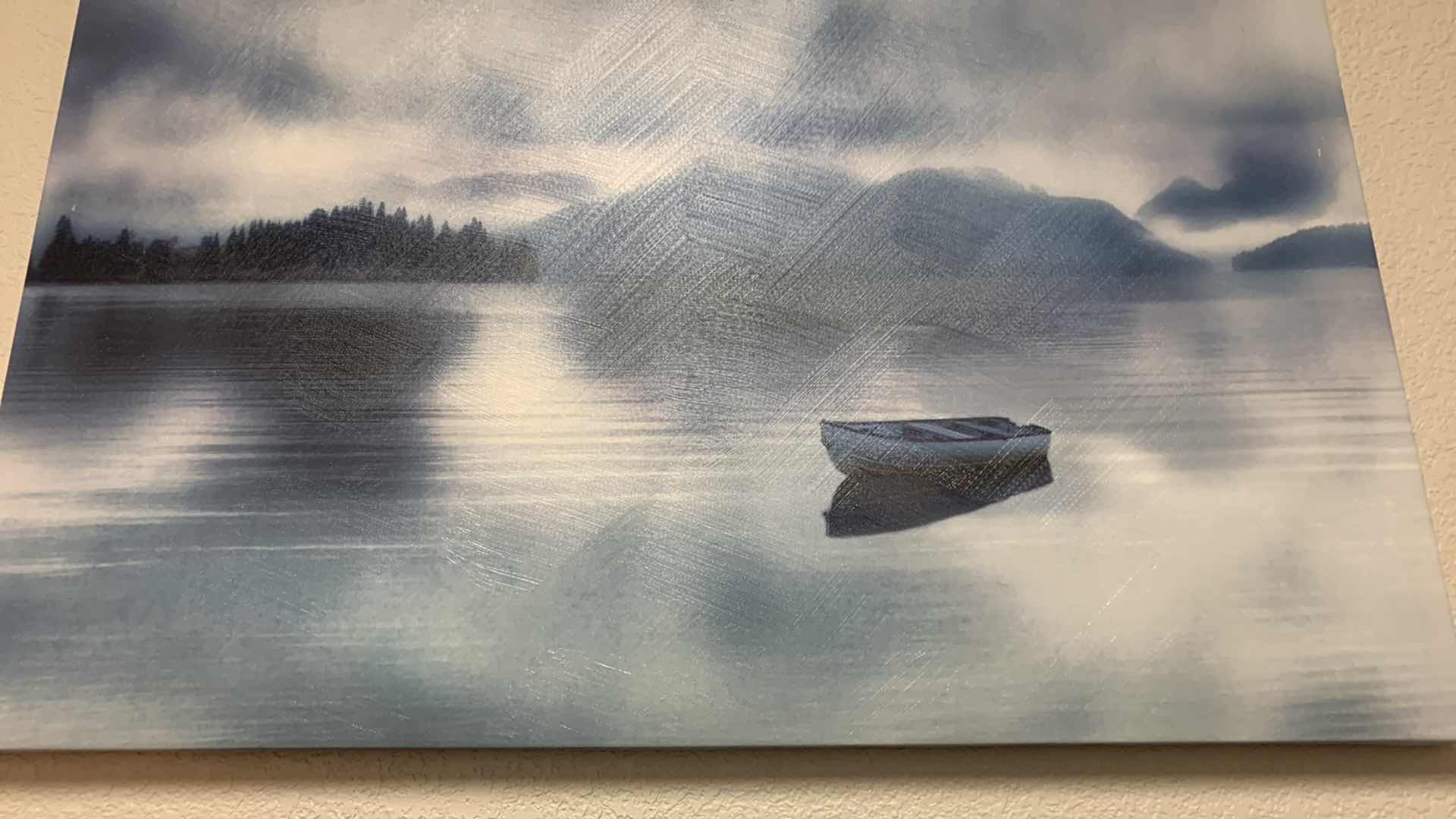 Photo 2 of ARTWORK, BLUE SND WHITE BOAT ON LAKE STRETCHED CANVAS 36” x 24”