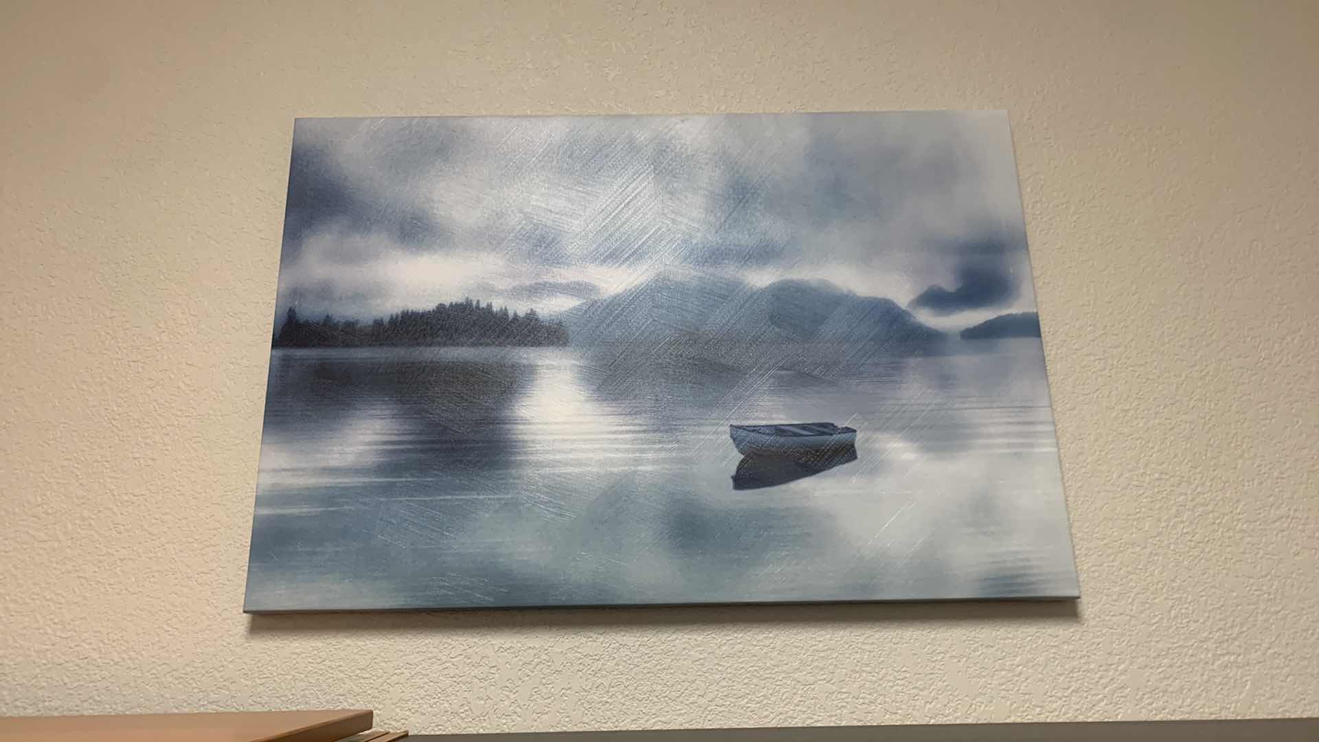 Photo 1 of ARTWORK, BLUE SND WHITE BOAT ON LAKE STRETCHED CANVAS 36” x 24”