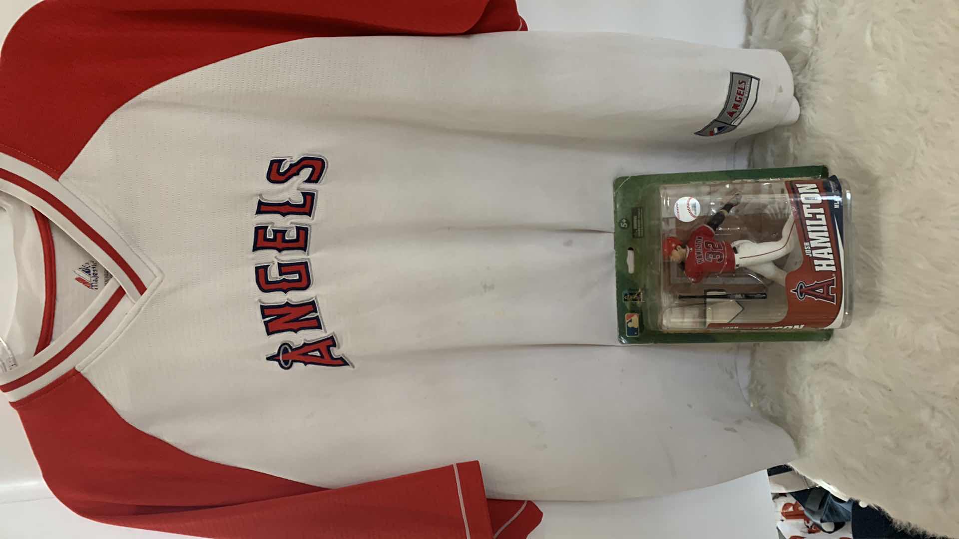 Photo 1 of ANGELS BASEBALL JERSEY SIZE XL AND NEW JOSH HAMILTON COLLECTIBLE FIGURINE