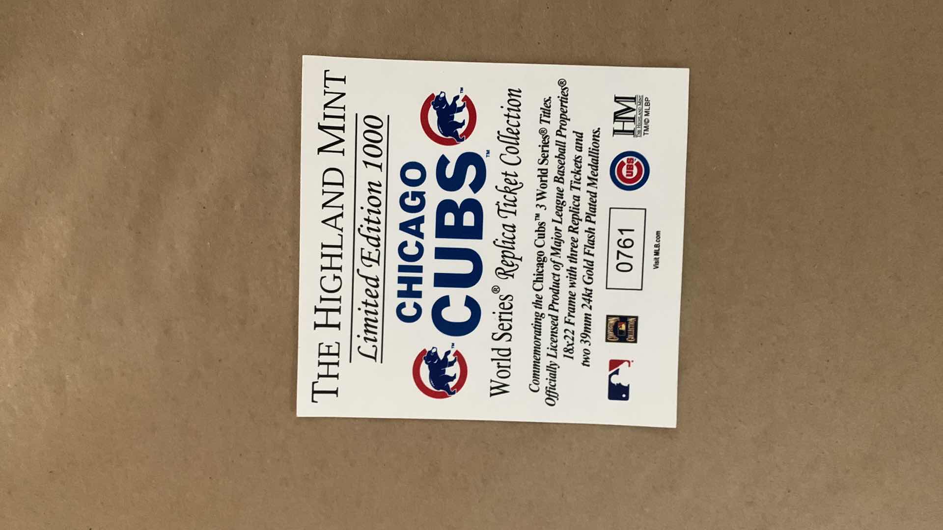 Photo 8 of HIGHLAND MINT LIMITED EDITION NUMBERED, CHICAGO CUBS COLLECTIBLES- 3 TIME WORLD CHAMPIONS COLLECTION 18” x 23”