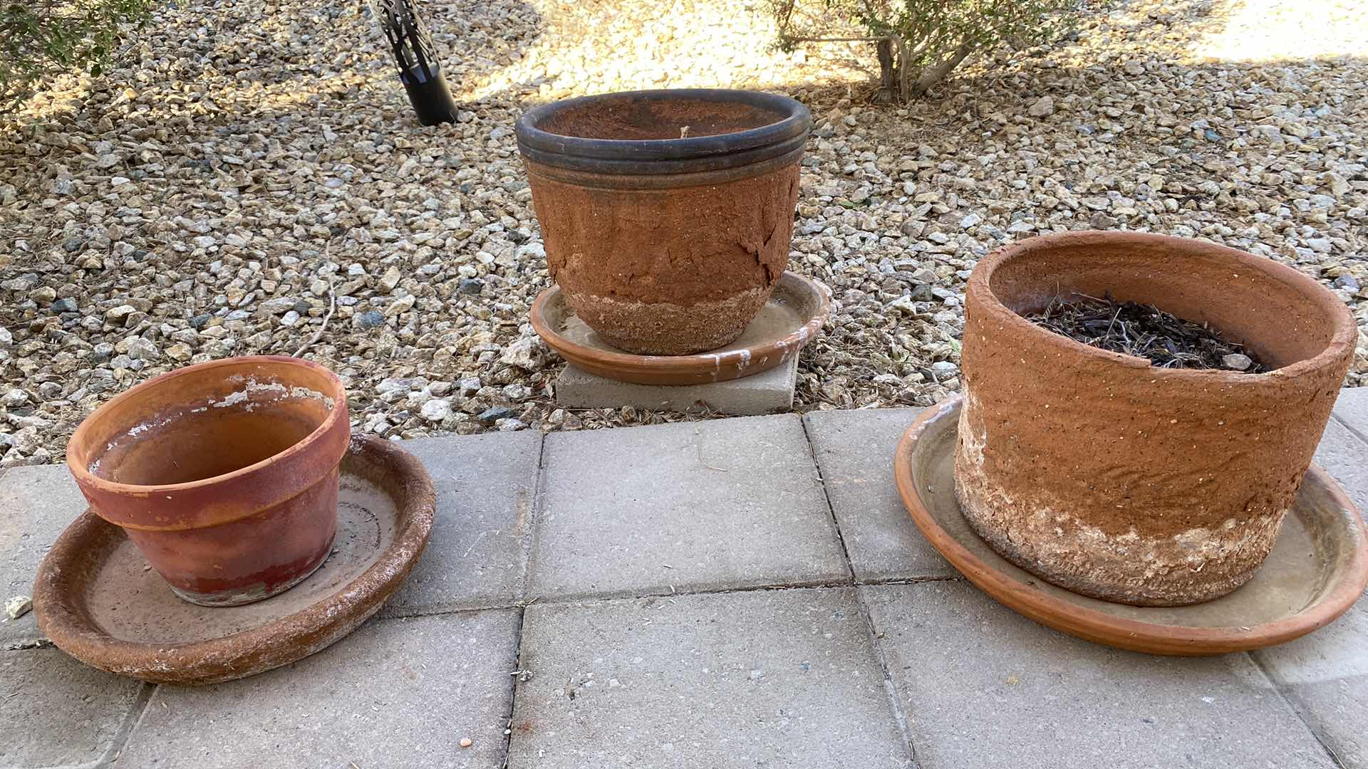 Photo 1 of 3 CLAY POTS WITH SAUCERS LARGEST 14” X H12”