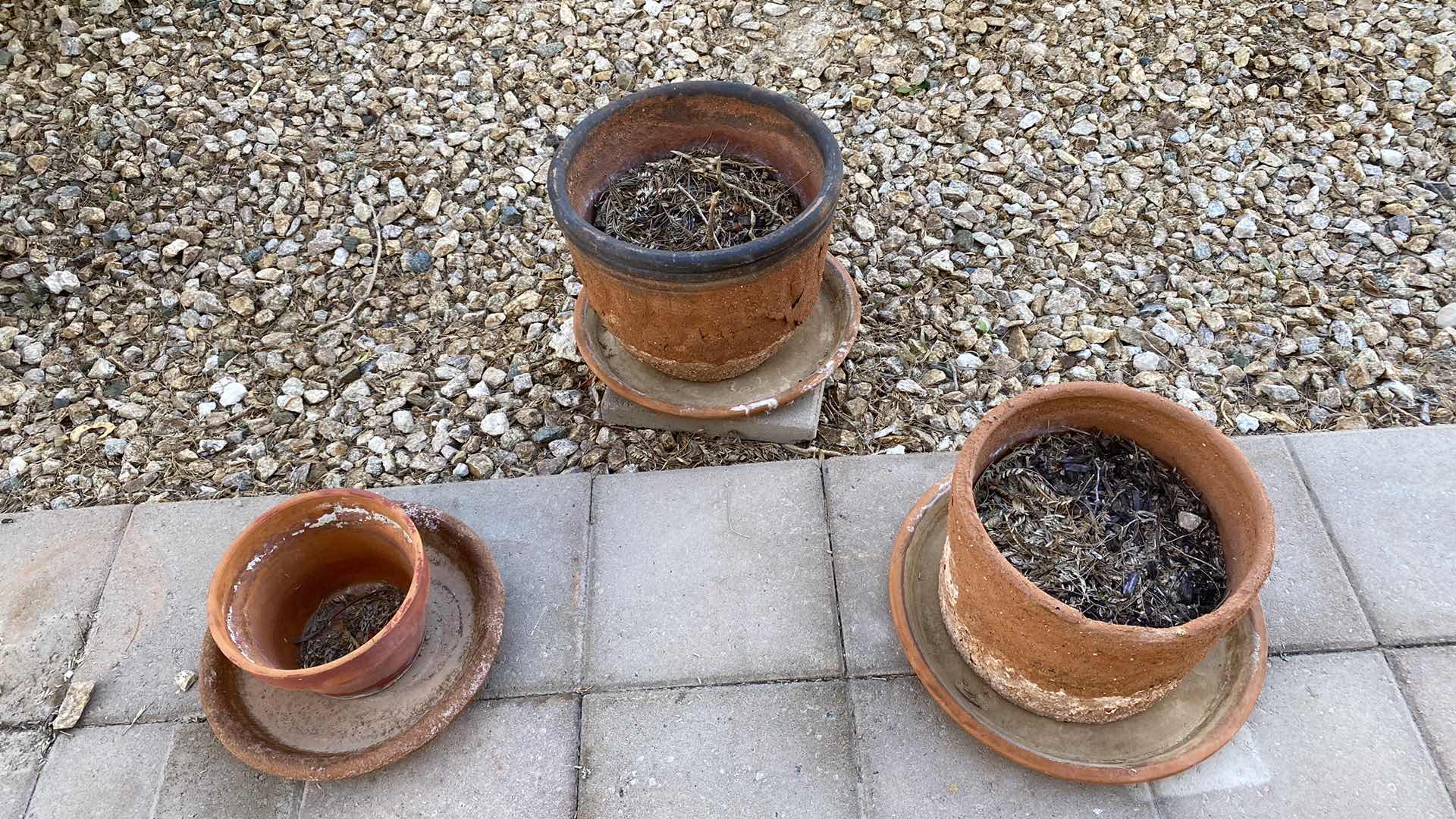 Photo 2 of 3 CLAY POTS WITH SAUCERS LARGEST 14” X H12”
