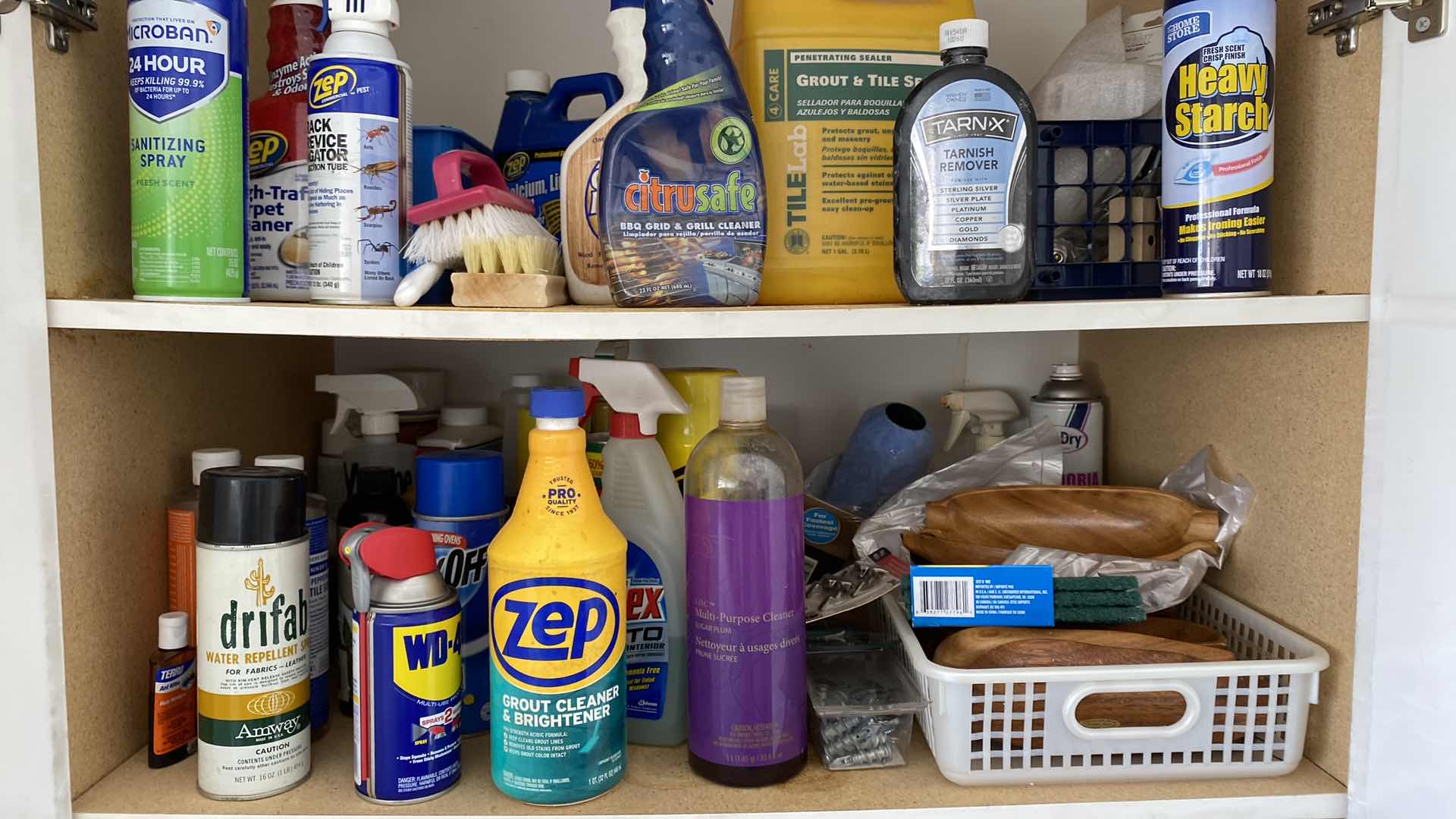 Photo 1 of 2 SHELVES OF GARAGE CABINET CLEANING SUPPLIES AND MISC HOUSEHOLD ITEMS