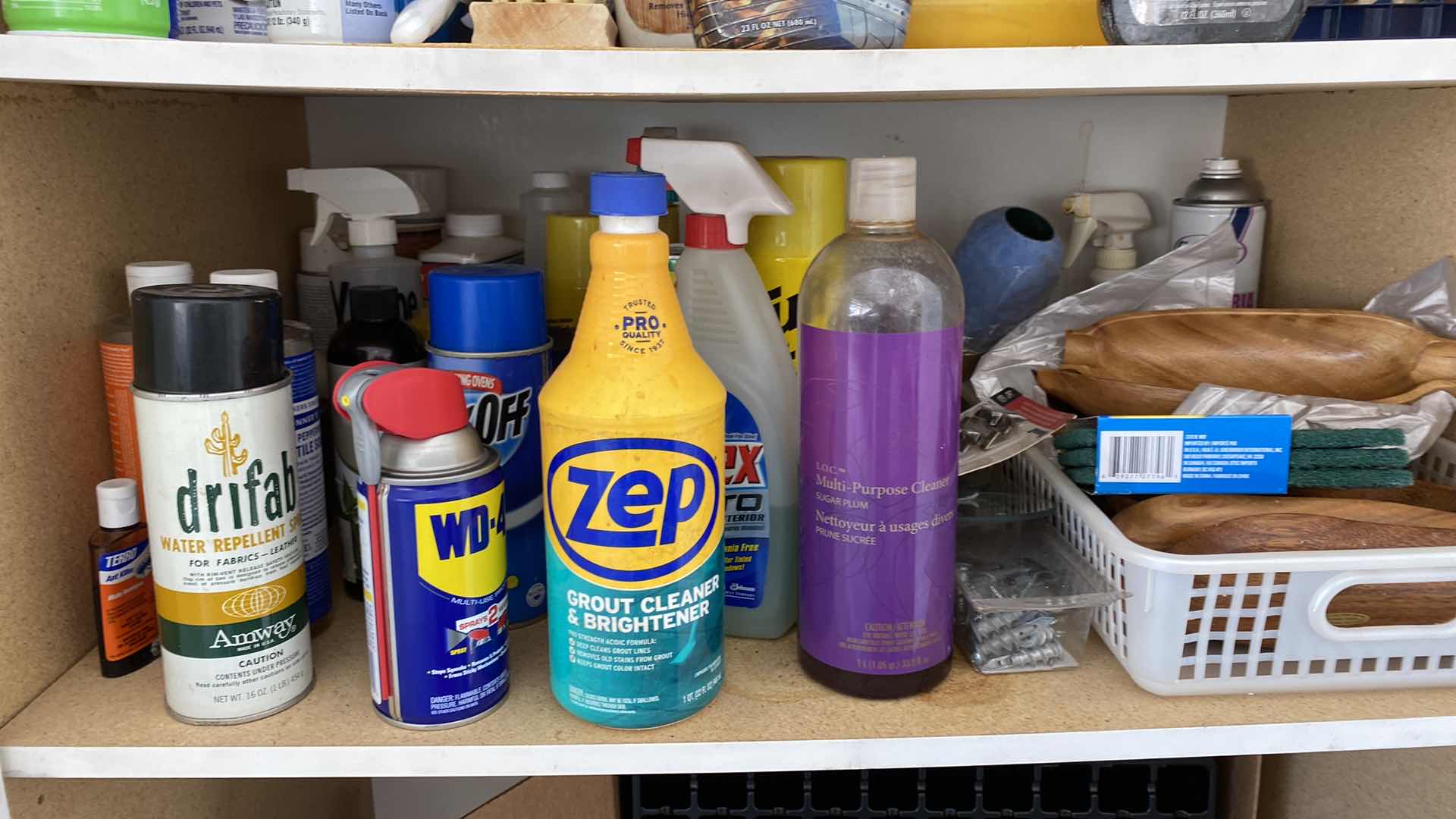 Photo 3 of 2 SHELVES OF GARAGE CABINET CLEANING SUPPLIES AND MISC HOUSEHOLD ITEMS