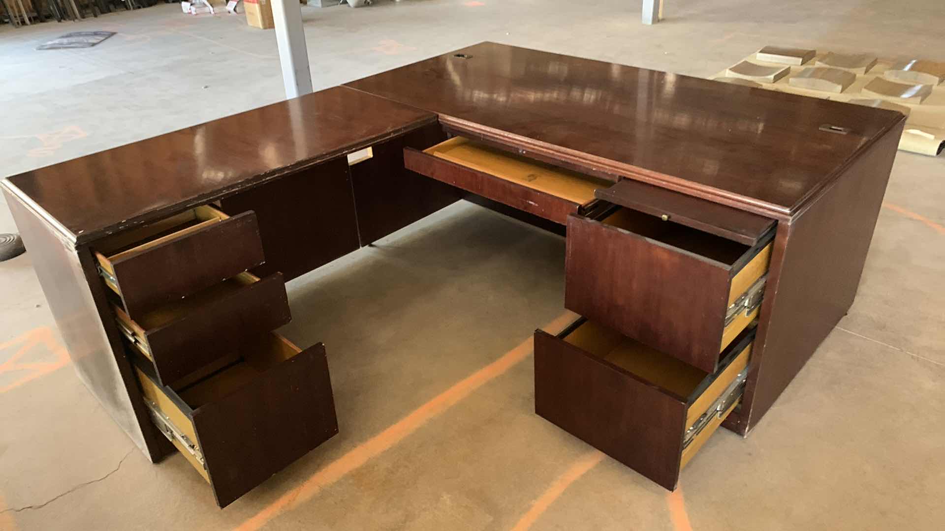 Photo 2 of L SHAPED WOOD EXECUTIVE DESK w RETURN 
DESK 72 x 37 x H 30
RETURN 49 x 24 H 30