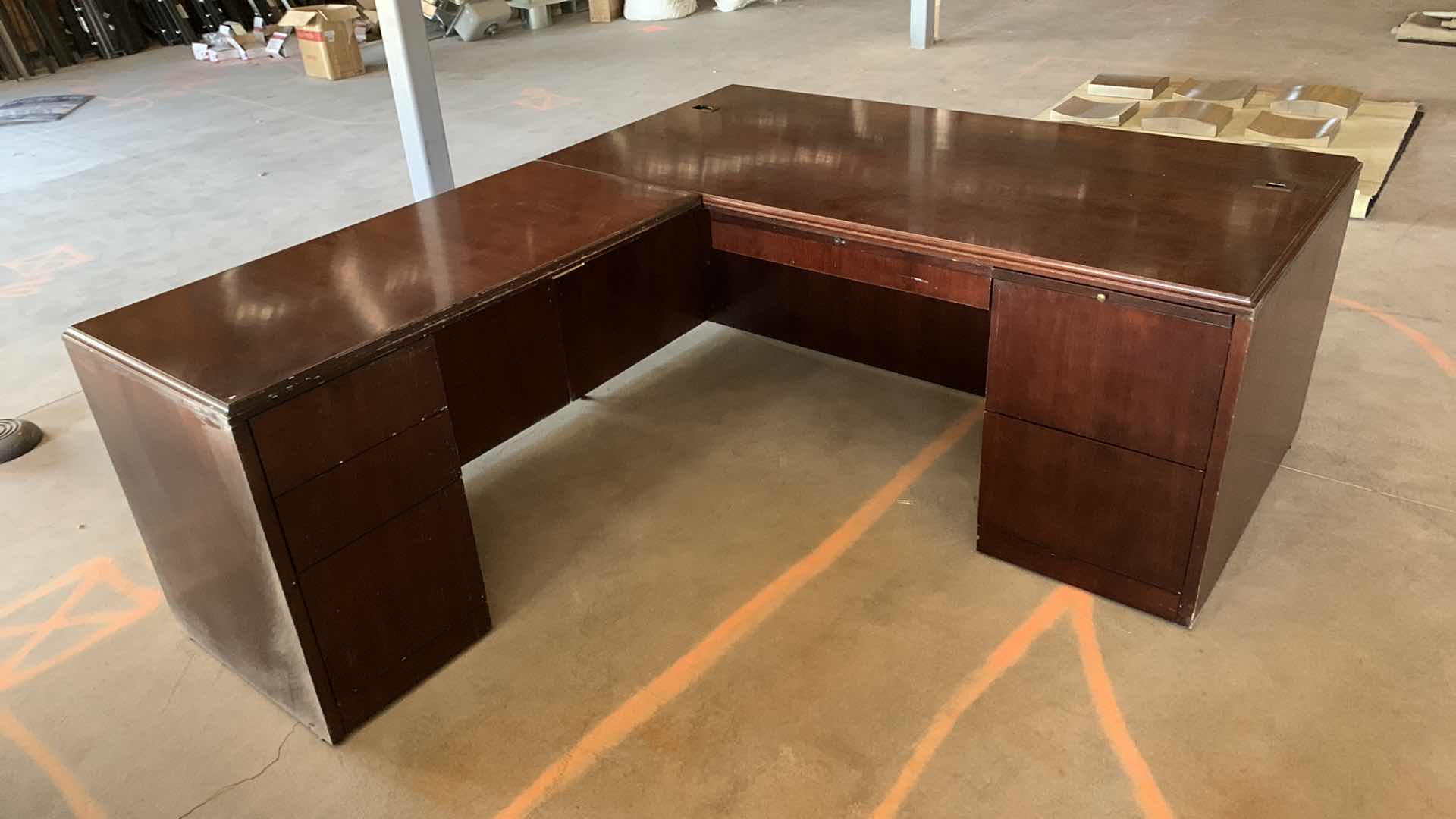 Photo 1 of L SHAPED WOOD EXECUTIVE DESK w RETURN 
DESK 72 x 37 x H 30
RETURN 49 x 24 H 30