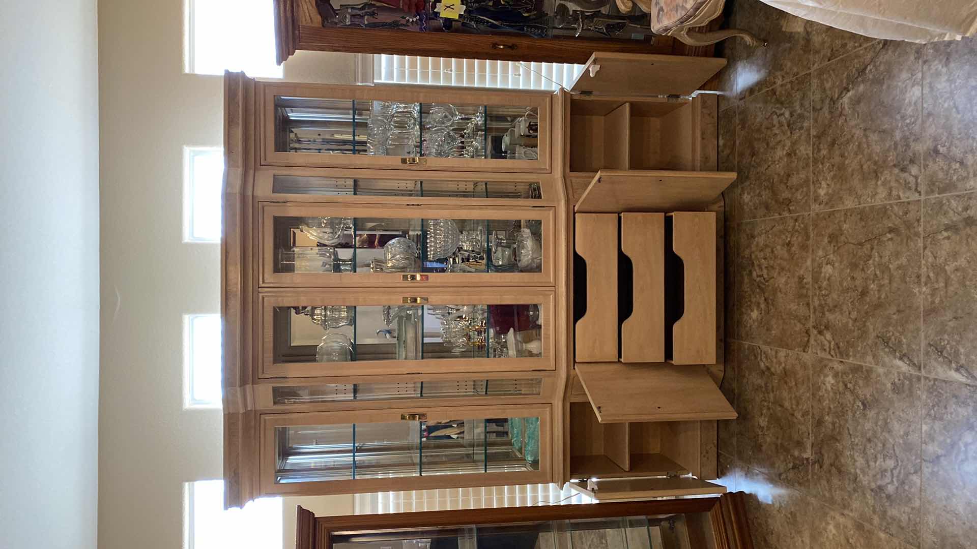 Photo 4 of BLONDE WOOD CHINA DISPLAY WITH 4 DOORS, 3 DRAWERS AND LIGHTS 68" X 18" H83" (CONTENTS NOT INCLUDED)