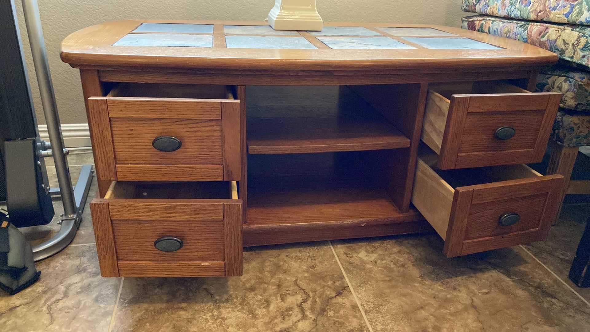 Photo 2 of WOOD COFFEE TABLE WITH SLATE INLAY TOP WITH 4 DRAWERS 48" X 28" H19" (LAMP NOT INCLUDED)