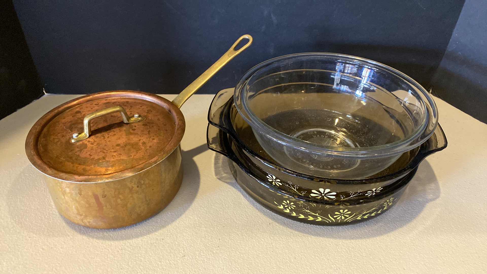 Photo 1 of 3 GLASSWARE AND 1 COPPER SAUCE PAN